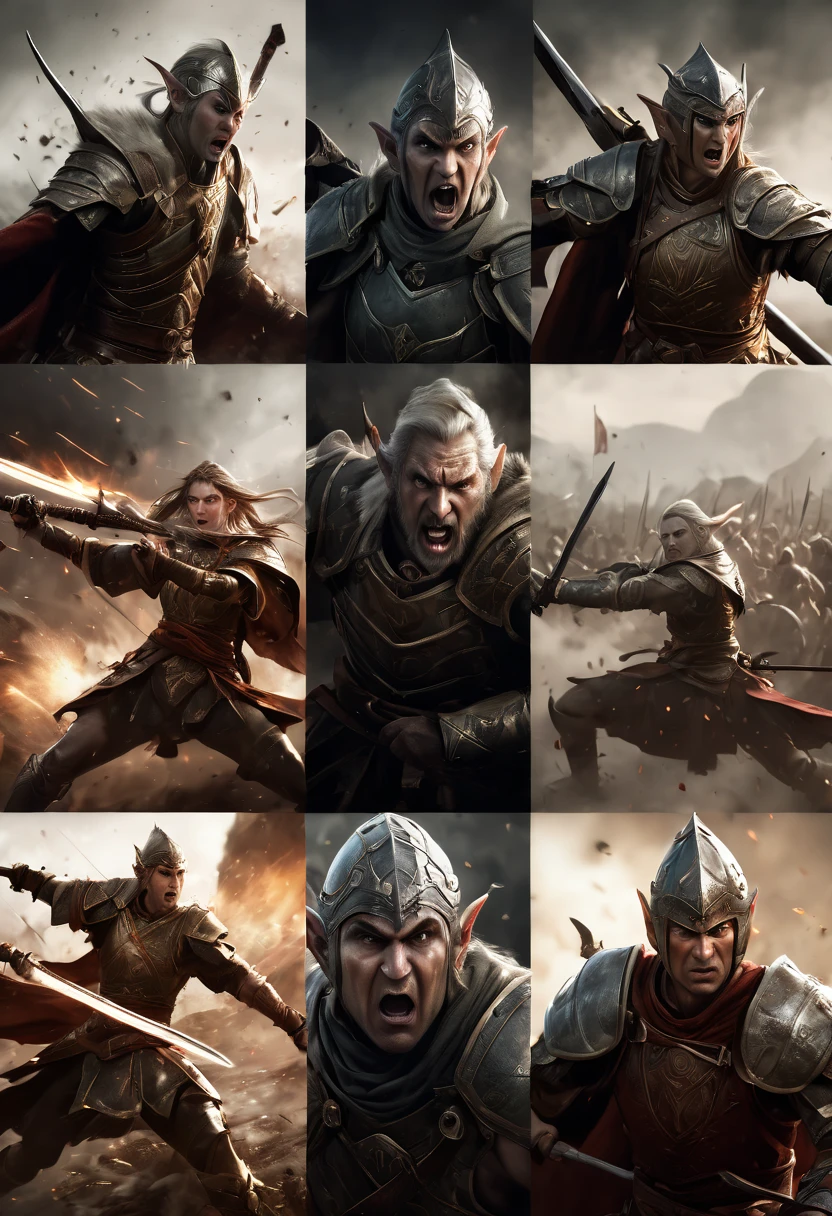 (first person,perspective,detailed,Elf Portraits:1.2,flying over,battlefield,capsuled elfs,ancient warriors,ancient armor,martial arts,misty atmosphere,dramatic lighting,high contrast,warrior in action,,action-packed,war cries,weapons clashing,fierce battles) thre side view, 1 side potrait,2 side close, 3 side in the batlle, face close up, (3 face portraits photo collage) ((face close up))