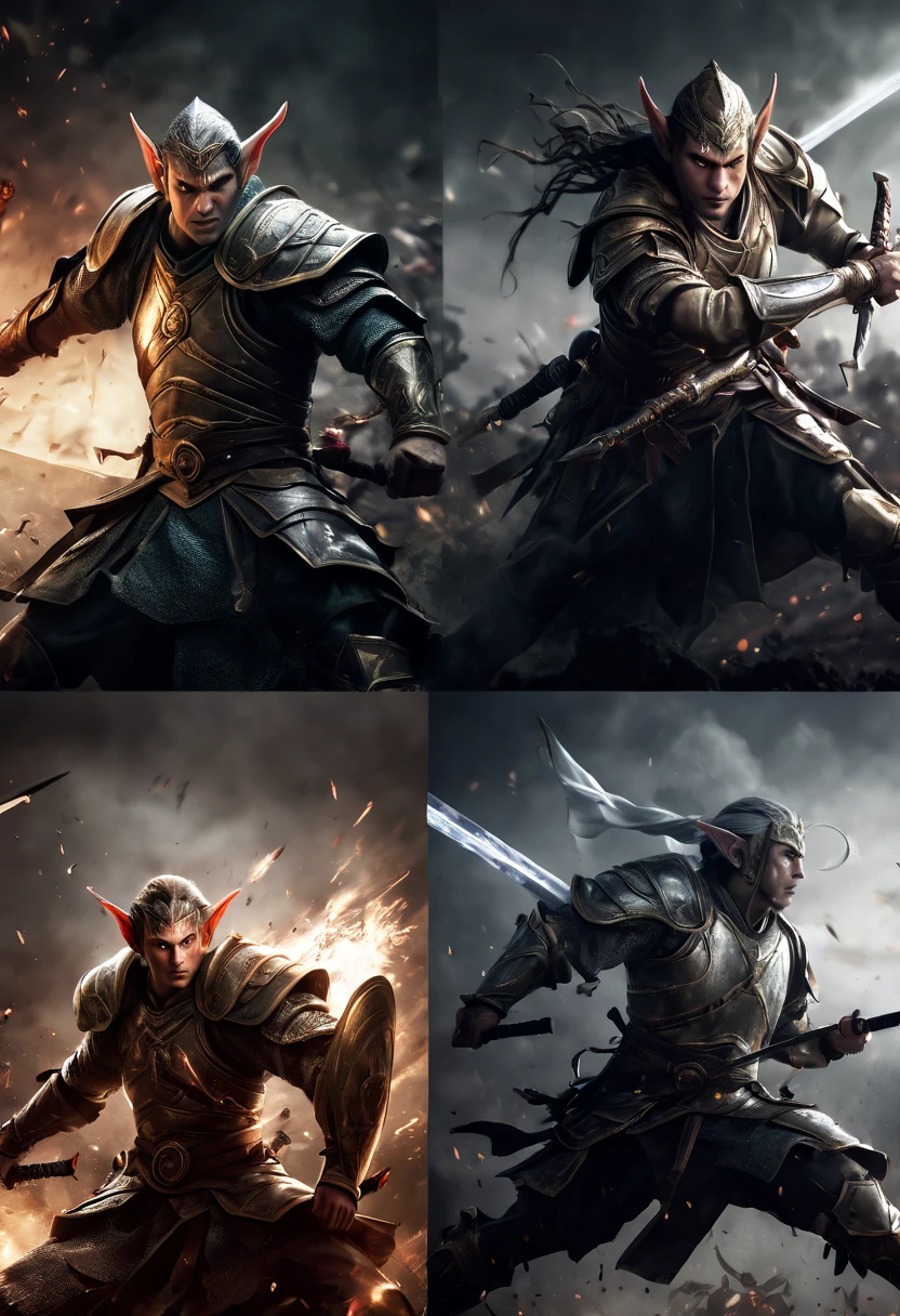 (first person,perspective,detailed,Elf Portraits:1.2,flying over,battlefield,capsuled elfs,ancient warriors,ancient armor,martial arts,misty atmosphere,dramatic lighting,high contrast,warrior in action,,action-packed,war cries,weapons clashing,fierce battles) thre side view, 1 side potrait,2 side close, 3 side in the batlle, face close up, (3 face portraits photo collage) ((face close up))