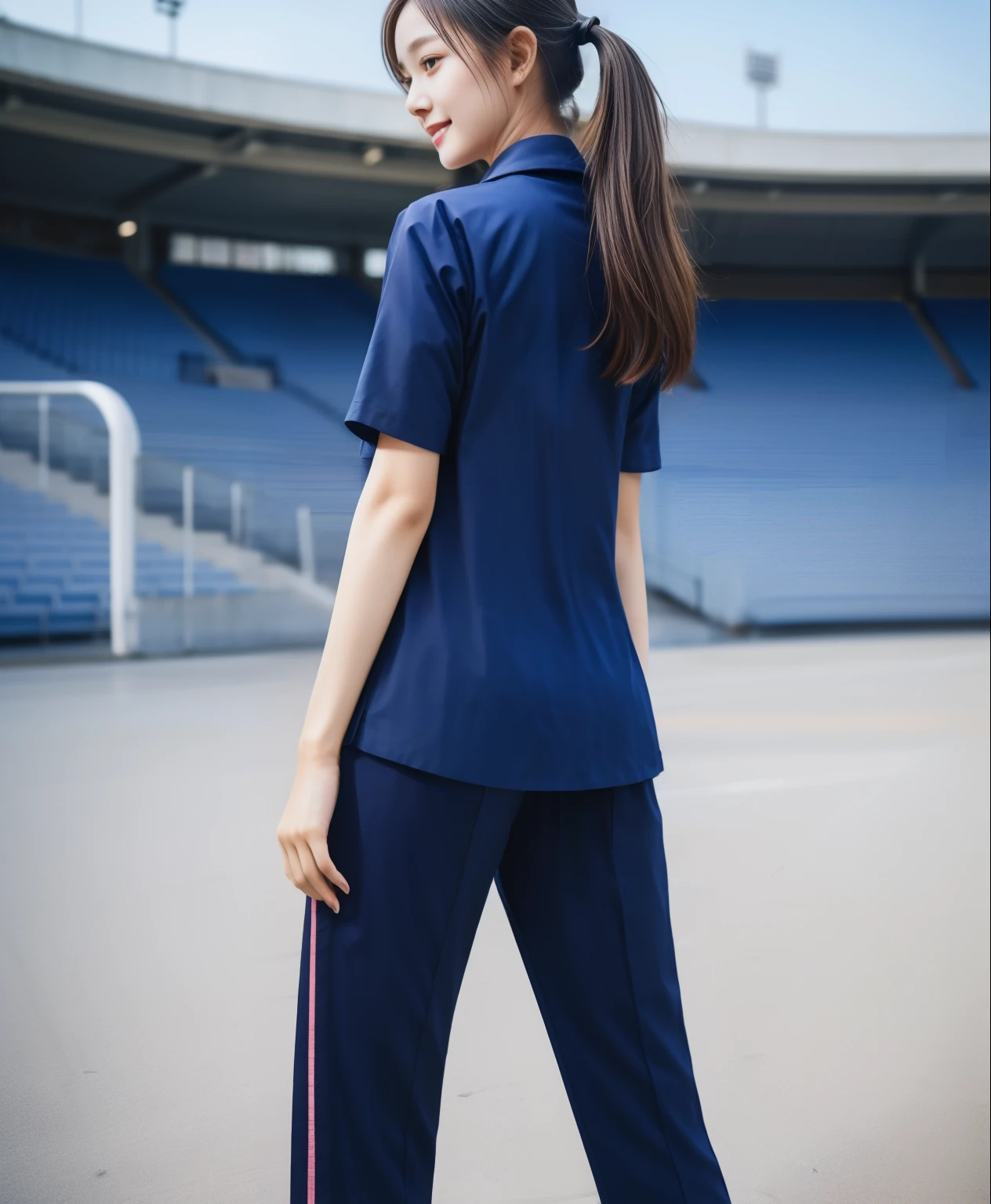 (best quality,10,10,height,Masterpiece:1.2),Very detailed,(realistic,ภาพrealistic,Realistic photos:1.37),1 cute girl on the football field,Shiny, shiny skin,only,smile softly,BDclothelue shirt:1.3)),short sleeve,shirt, กางเกงขาlong.,(navy_long_ติดตามกางเกงขาlong:1.1), ((stadium background:1.3)),Dynamic angle,excited,Face focus,dynamic poses,from behind,Focus on the ass.,Masterpiece, best quality, ultra realistic, hyper detail, 8k resolution, raw photos, Sharp focus, ((Navy blue shirt:1.1)), short sleeve, เส้นทางlong, perfect bodyแบบ, 2 mature women, 18 years old, Cinema-grade lighting,กางเกงขาlongวอร์มสีน้ําเงิน,gym wear,correct anatomy,perfect body, correct body, Sharp face, correct bodyทางกายวิภาค, full body, realistic gestures, long-haired, realistic ,ช่วงขาlong,fit,sculpted girl, Slender figure, mannequin, fit, beautiful body,Blue sweatpants, กางเกงวอร์มขาlong
