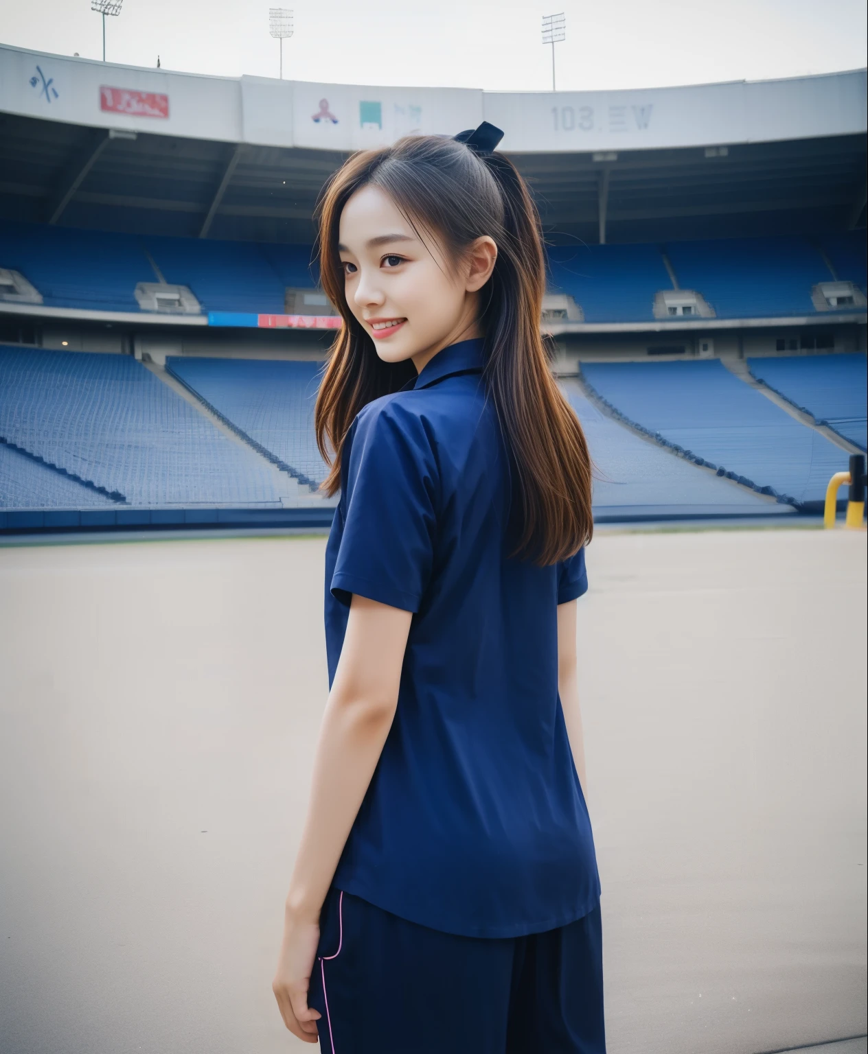 (best quality,10,10,height,Masterpiece:1.2),Very detailed,(realistic,ภาพrealistic,Realistic photos:1.37),1 cute girl on the football field,Shiny, shiny skin,only,smile softly,BDclothelue shirt:1.3)),short sleeve,shirt, กางเกงขาlong.,(navy_long_ติดตามกางเกงขาlong:1.1), ((stadium background:1.3)),Dynamic angle,excited,Face focus,dynamic poses,from behind,Focus on the ass.,Masterpiece, best quality, ultra realistic, hyper detail, 8k resolution, raw photos, Sharp focus, ((Navy blue shirt:1.1)), short sleeve, เส้นทางlong, perfect bodyแบบ, 2 mature women, 18 years old, Cinema-grade lighting,กางเกงขาlongวอร์มสีน้ําเงิน,gym wear,correct anatomy,perfect body, correct body, Sharp face, correct bodyทางกายวิภาค, full body, realistic gestures, long-haired, realistic ,ช่วงขาlong,fit,sculpted girl, Slender figure, mannequin, fit, beautiful body,Blue sweatpants, กางเกงวอร์มขาlong