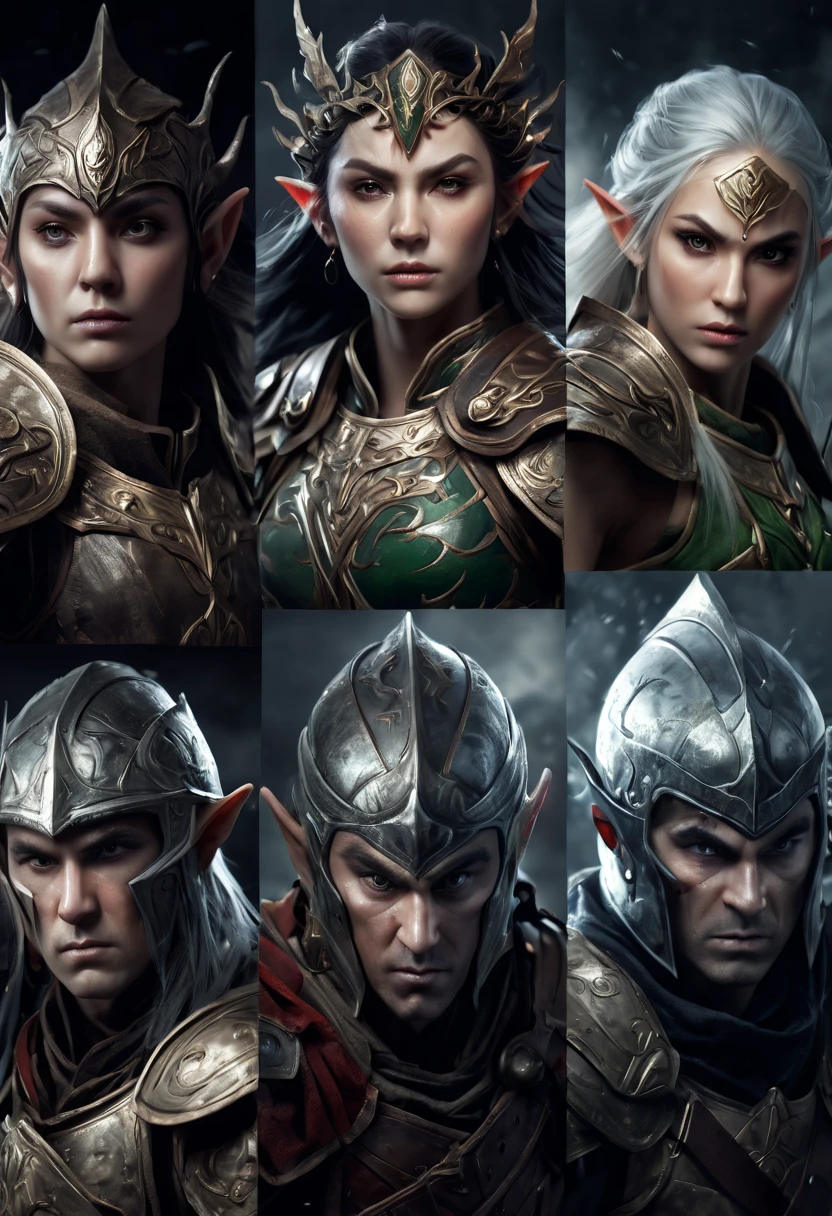 (first person,perspective,detailed,Elf Portraits:1.2,flying over,battlefield,capsuled elfs,ancient warriors,ancient armor,martial arts,misty atmosphere,dramatic lighting,high contrast,warrior in calm,-packed,war cries,weapons calm after battle) three side view, 1 side potrait,2 side close, 3 side in the batlle, face close up, (3 face portraits photo collage) ((close up face))