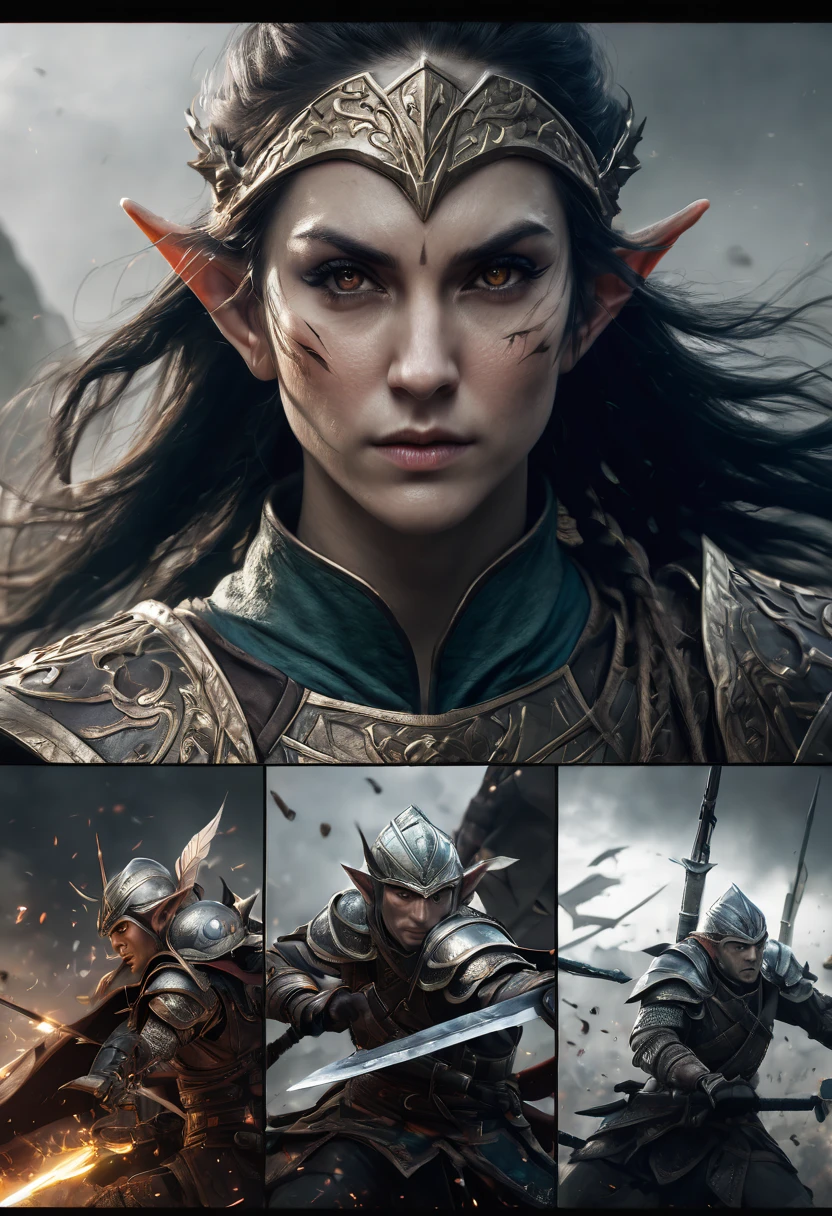 (first person,perspective,detailed,Elf Portraits:1.2,flying over,battlefield,capsuled elfs,ancient warriors,ancient armor,martial arts,misty atmosphere,dramatic lighting,high contrast,warrior in calm,-packed,war cries,weapons calm after battle) three side view, 1 side potrait,2 side close, 3 side in the batlle, face close up, (3 face portraits photo collage) ((close up face))