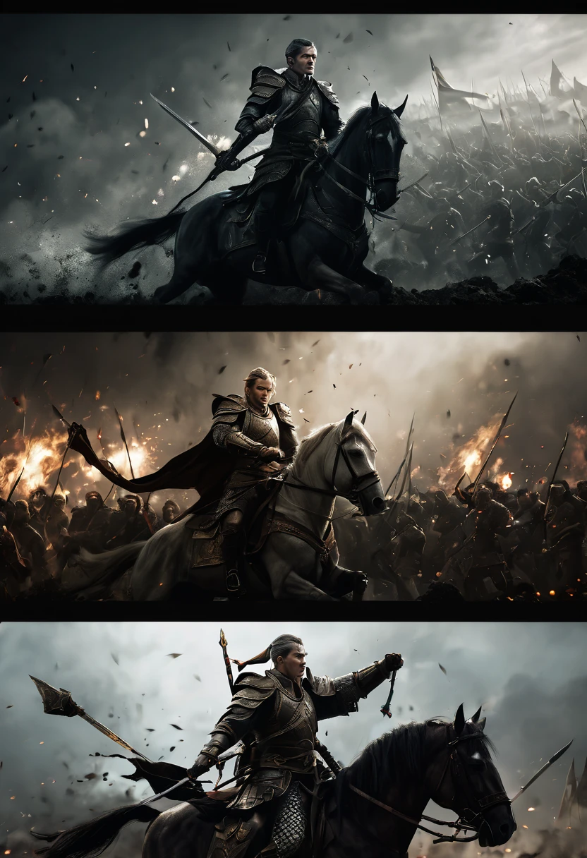 (first person,perspective,detailed,Elf Portraits:1.2,flying over,battlefield,capsuled elfs,ancient warriors,ancient armor,martial arts,misty atmosphere,dramatic lighting,high contrast,warrior in calm,-packed,war cries,weapons calm after battle) three side view, 1 side potrait,2 side close, 3 side in the batlle, face close up, (3 face portraits photo collage) ((close up face))
