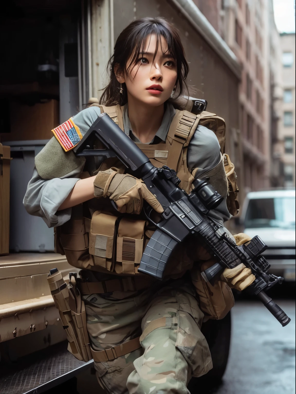 photorealistic、realistic skin texture、automatic rifle、