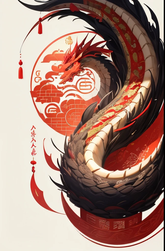 Lunar New Year Blessings,a chinese dragon,a large brush,A big Spring Festival couplet,Chinese dragon holding a brush and writing spring couplets,Cute style,panoramic,looking down camerery detailed,best quality,4K