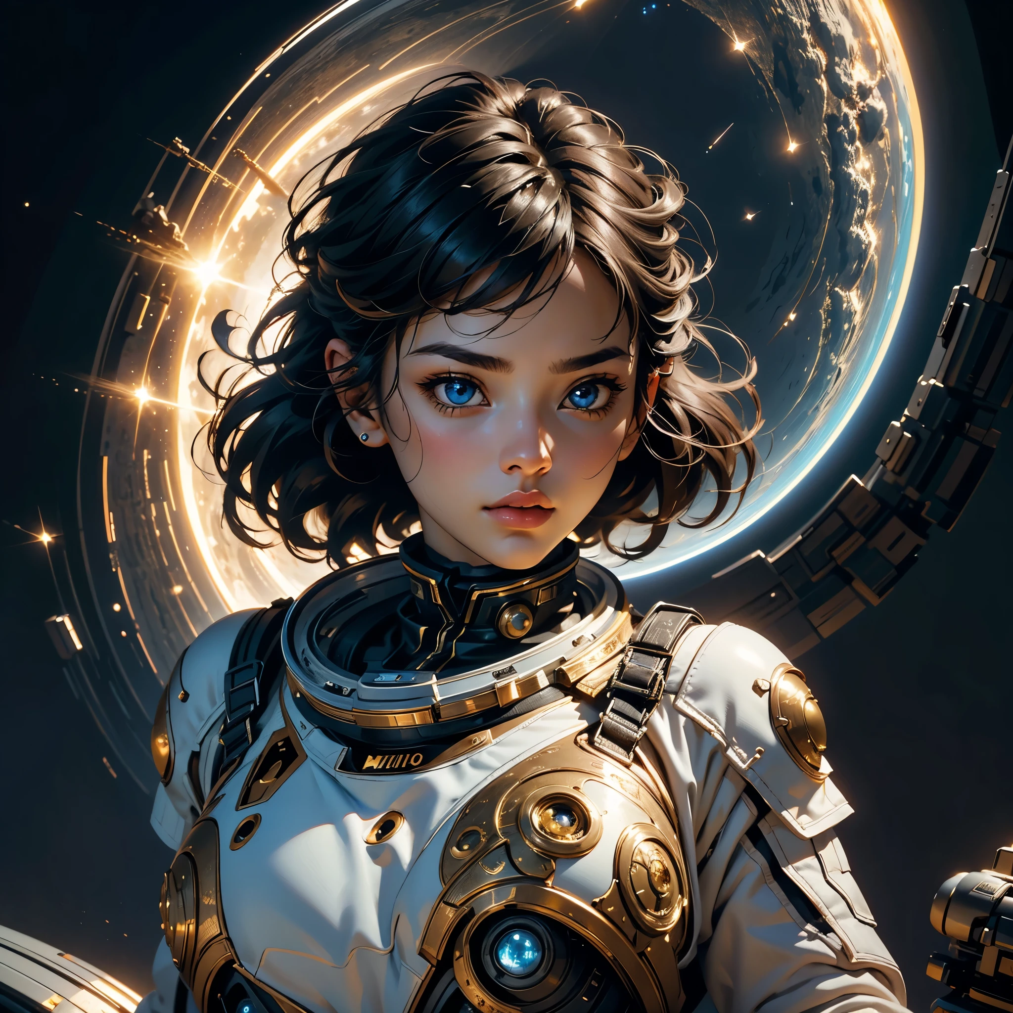 Stunning female in space suit, sci-fi, extremely beautiful piercing eyes, cinematic scene, hero view, action pose, scenery, detailed background, masterpiece, best quality, high quality, intricate, absurdres, very detailed, extremely high resolution, 8k, vivid, colorful, Studio Ghibli xl:1.5>