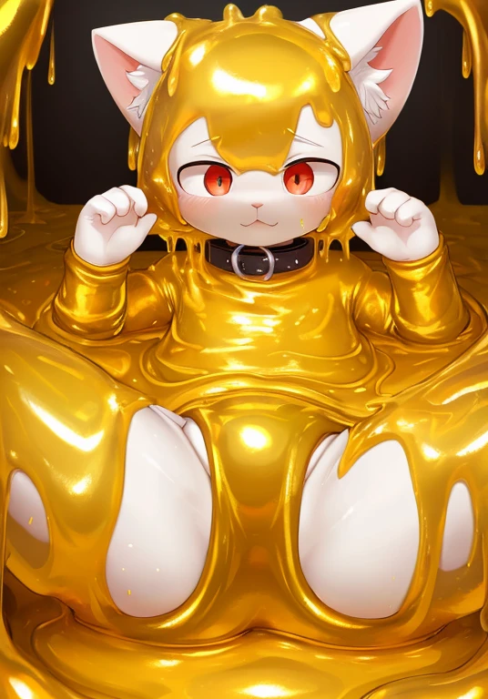 (best quality,4K,8k,high resolution,masterpiece:1.2),Super detailed,A male white cat wearing a diaper,collar,red pupils,cat ears,cat nose,Soak in golden slime,into the slime,Thighs covered with golden mucus,Golden Slime