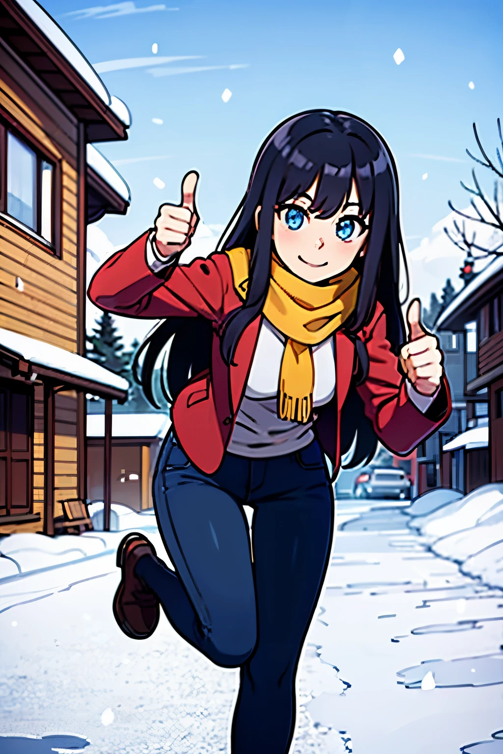 young girl, black hair long hair, blue eyes, shining blue eyes, wearing plaid yellow scarf, red jacket, black pants, looking at viewer, smiling, canada, rural city, thumbs up pose, in the snow, rural city, canada, snowed place,
