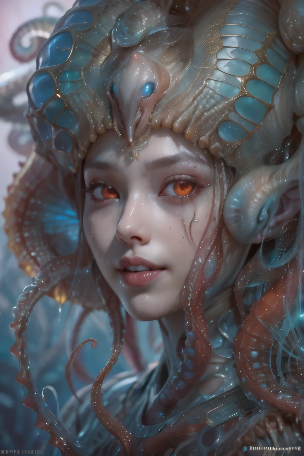 scary and sexy detailed art in color, Portrait, (beautiful and obscene female alien:1.4), (vulgarity1.7), (she has red eyes with no pupils:1.8), (Translucent white skin:1.7), (There is a female genital-like organ in the middle of the forehead:1.9), (The most beautiful face in the history of the universe:1.2),an evil gaze that seduces, (large mouth:1.1), (sharp teeth like a vampire:1.2), Full body portrait, (bio luminescent:1.5), (Smile wickedly:1.3), (sexypose:1.5), alien, No humans, cells are fused, (Lots of translucent tentacles:1.3) extraterrestrial, cell, bio image, best quality, 8K,In 4K_quality, High freshness, Dramatic Lighting, masutepiece:1.5,cinematic quality, detail up, (exquisite details:1.2), high resolution, High freshness, drawing faithfully, (Thick eyebrows:1.2), Beautiful eyes with fine symmetry,(Highly detailed face and eyes:1.2), Intimate face, (Super detailed skin quality feeling:1.4), perfect anatomy, (Beautiful toned body:1.5), (Moist skin:1.2), not wearing makeup, (dark circles:1.1), long canines, cinematic drawing of characters, ultra high quality model, cinematic quality, detail up, (exquisite details:1.2), high resolution, High freshness, drawing faithfully, official art, Unity 8K Wall paper, best quality, Very high resolution, ultra detailed artistic photography, midnight aura, unreal engine 5, Ultra Sharp Focus, art by Amano Yoshitaka, ArtGerm, Roisch, intricate artwork, best quality, masterpiece, ultra high resolution, (photos realistic:1.4), ultra realistic realism, dream-like, nautilus, Creation of fantasy, Snail, Dream Snail, (biopunk nautilus:1.3),Thrilling color schemes, ultra realistic realism, seductively smiling, Blue tentacles, Amazing mutation, well-proportioned body, goddess of the deep sea