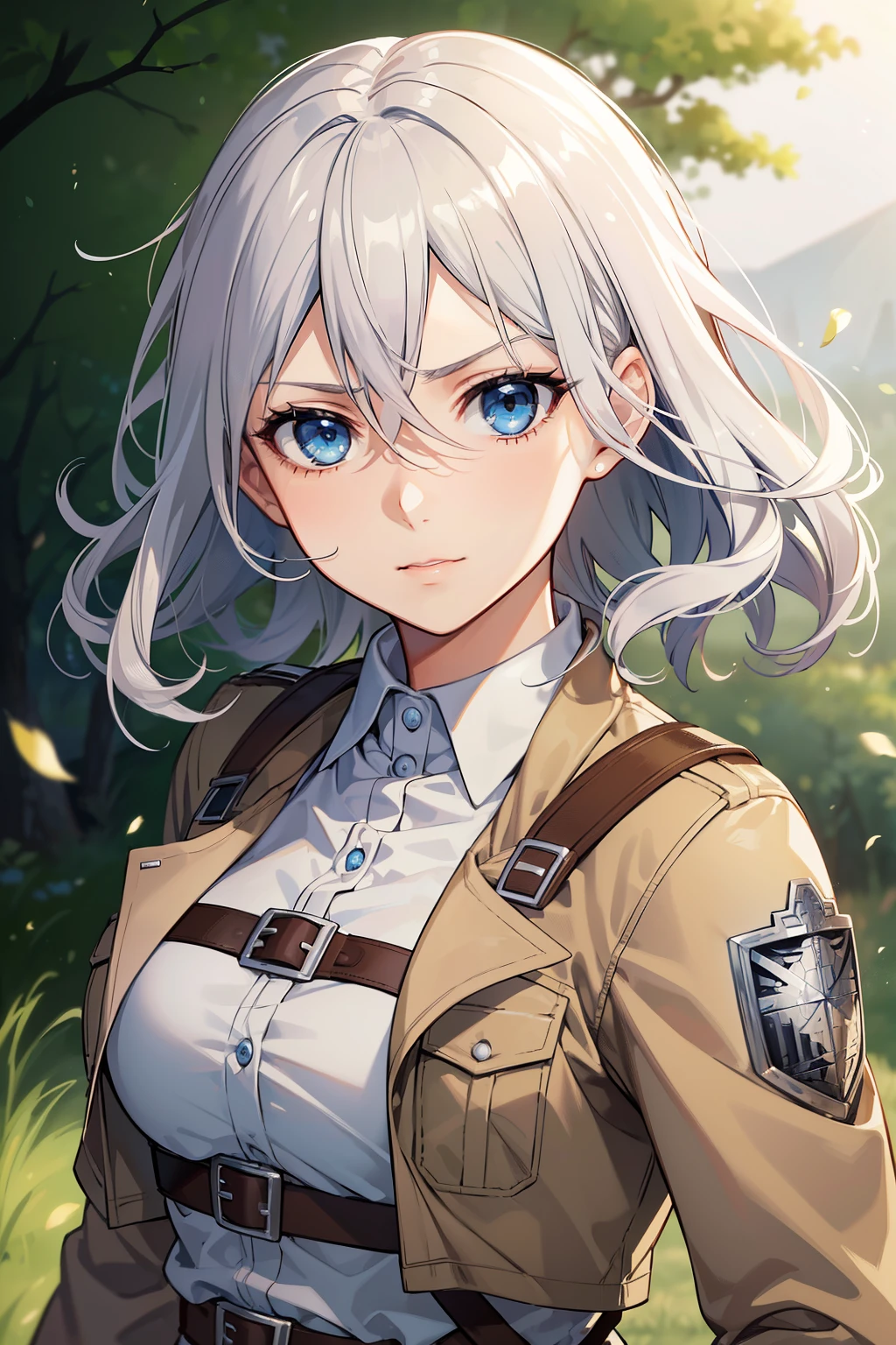 (high-quality, breathtaking),(expressive eyes, perfect face) 1female, girl , solo, young adult, short length white silver hair, soft wavy hair, curley hair, blue eyes, military uniform, survey corps attack on titan, shingeki no kyoji, white shirt, brown jacket, green eyes, gentle smile, gentle expression, attack on titan art style