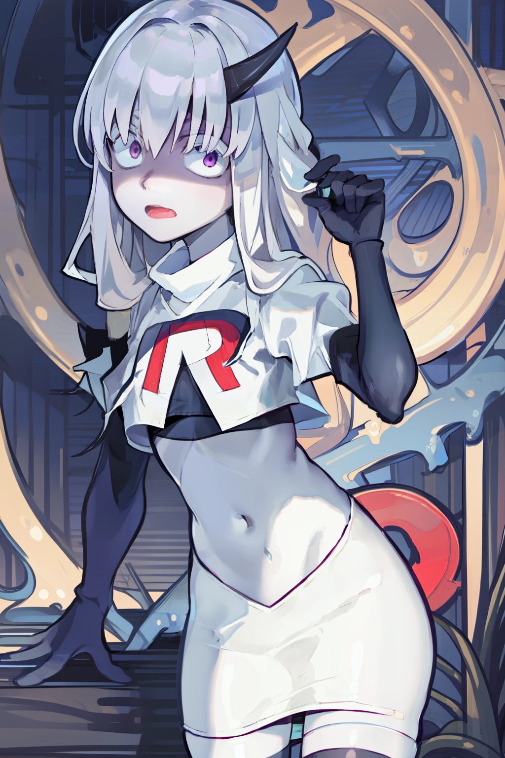 (masterpiece, best quality, detailed), 1girl, solo, wavy mouth, open mouth, looking at viewer, shaded face,
lavinia whateley \(fate\), polka dot bow,  eyebrows hidden by hair, team rocket,team rocket uniform, red letter R, white skirt,white crop top,black thigh-highs, black elbow gloves,