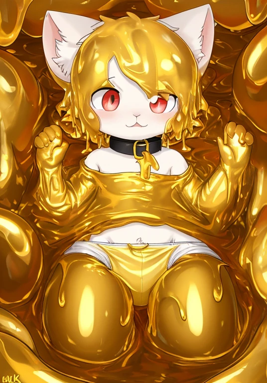 (best quality,4K,8k,high resolution,masterpiece:1.2),Super detailed,A male white cat wearing a diaper,collar,red pupils,cat ears,cat nose,Soak in golden slime,into the slime,Thighs covered with golden mucus,Golden Slime