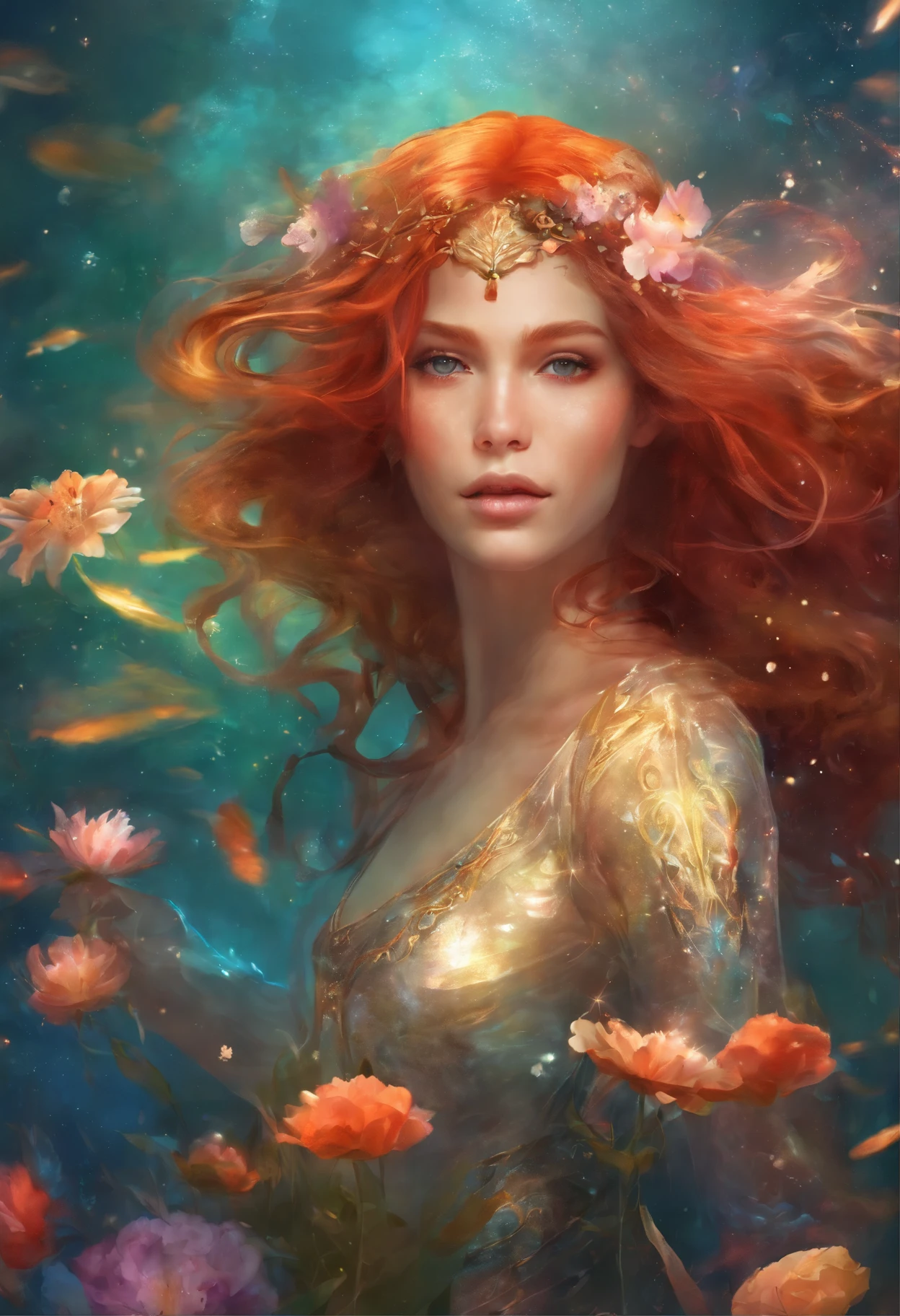 under the water,Colorful universe,Flowers on the face,Woman in see-through dress, red hair, dramatic lighting, realistic textures, high details, wet skin, planetes,sparklers,cream-colored