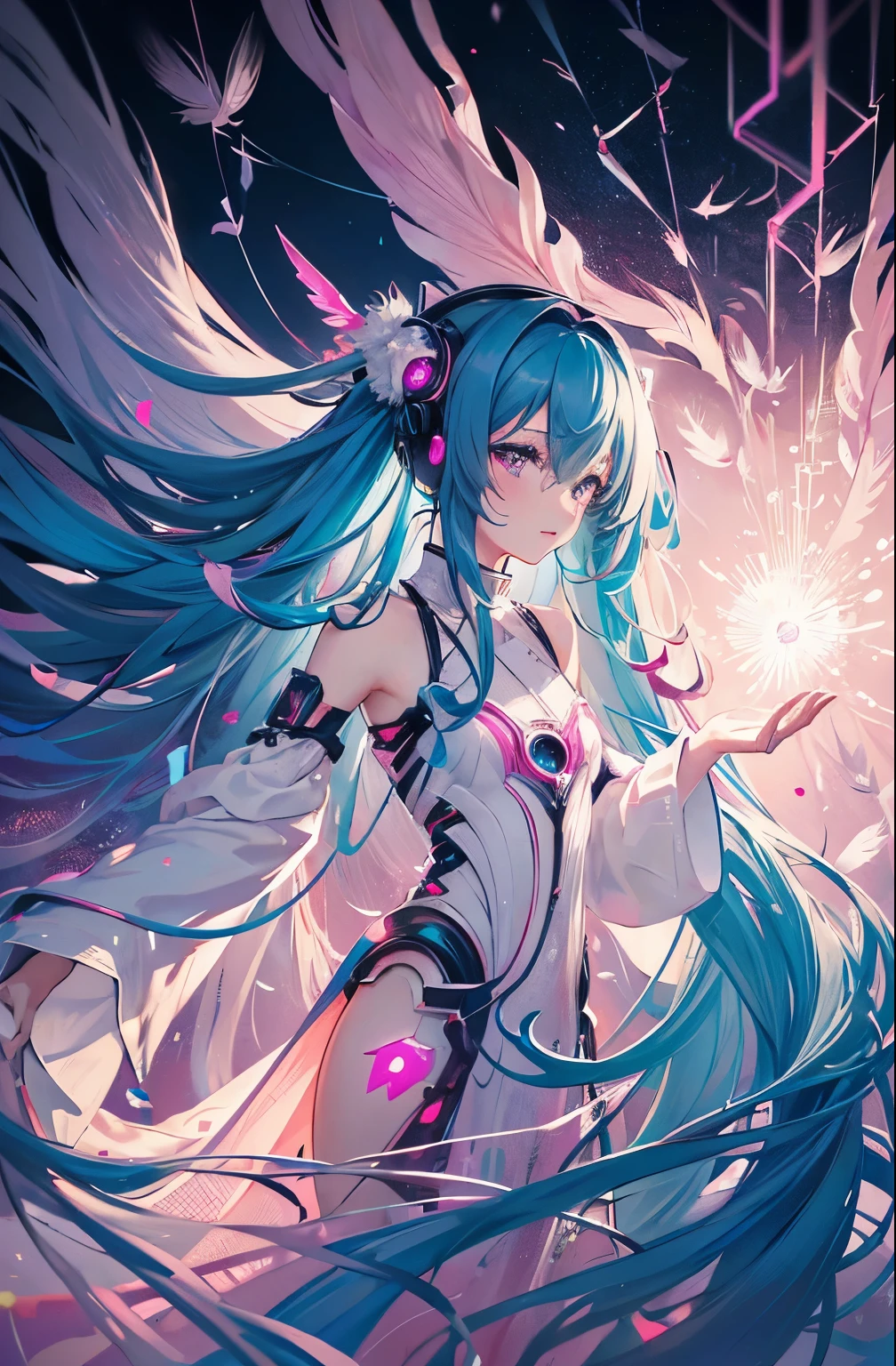 dark,pink,Hatsune Miku,delicate face,Overall spiral hair,The hem of the clothes becomes feathery,feather flow,White silk clothes,cortex,The background has(Very small)Colored confetti,Fluid art:1.2,(fractal art:1.2),(Sci-fi sense:1.5),best quality,