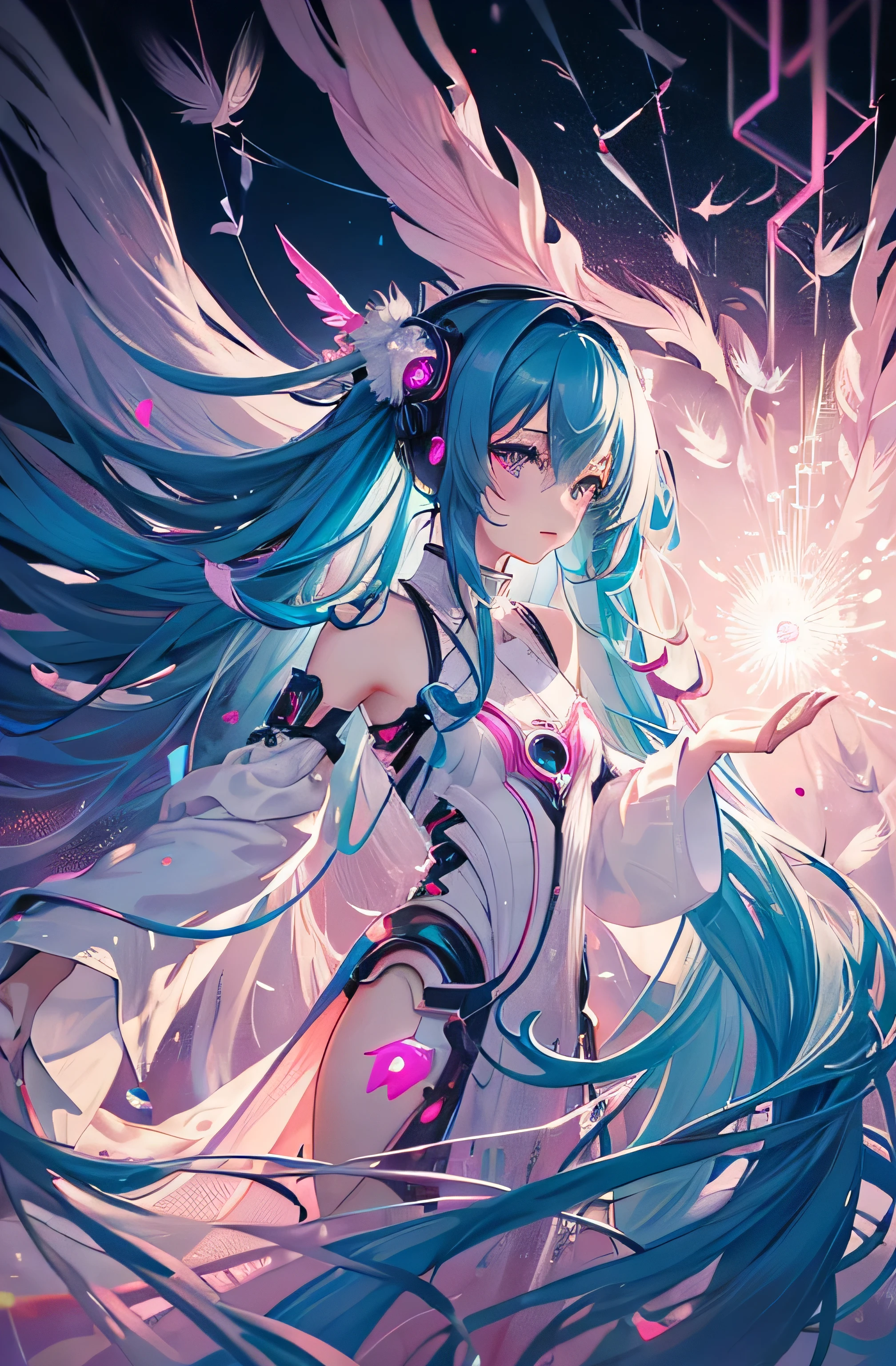 dark,pink,Hatsune Miku,delicate face,Overall spiral hair,The hem of the clothes becomes feathery,feather stream,White silk clothes,cortex,The background has(are small)Colored confetti,Fluid art:1.2,(fractal art:1.2),(Sci-fi sense:1.5),best quality,
