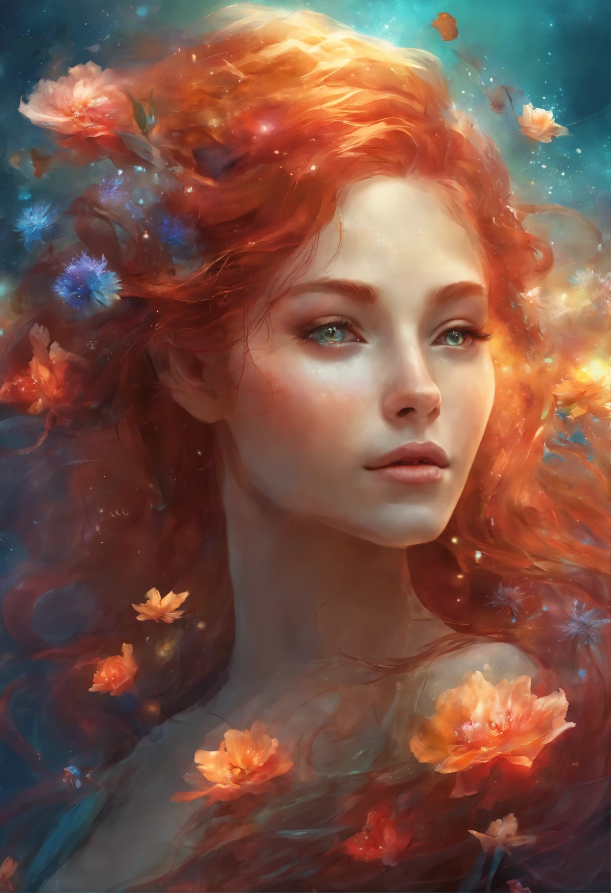 under the water,Colorful universe,Flowers on the face,Woman in see-through dress, red hair, dramatic lighting, realistic textures, high details, wet skin, planetes,sparklers,cream-colored