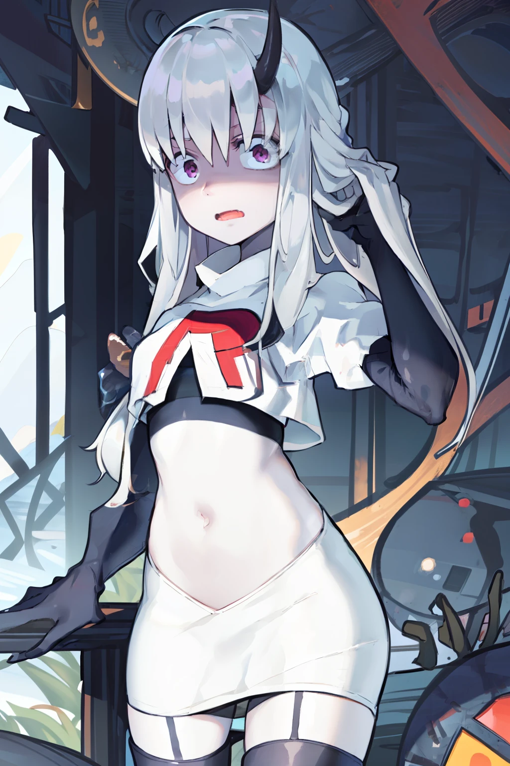 (masterpiece, best quality, detailed), 1girl, solo, wavy mouth, open mouth, looking at viewer, shaded face,
lavinia whateley \(fate\), polka dot bow,  eyebrows hidden by hair, team rocket,team rocket uniform, red letter R, white skirt,white crop top,black thigh-highs, black elbow gloves,