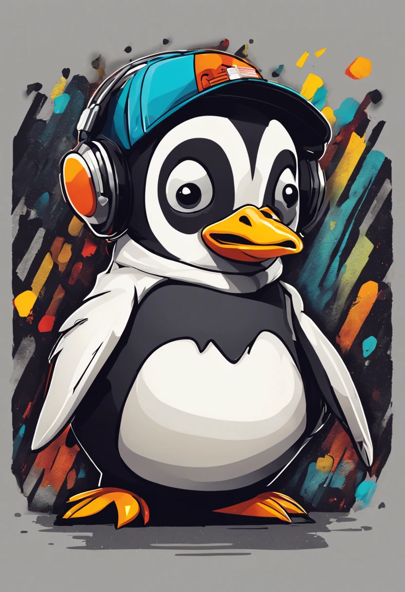 arte da camiseta, 2D, ((fundo preto :1, 5)), vetor, vivid colors, Funny character pinguim personagem COM roupa ESTILO hip hop , melhor qualidade, detalhes intrincados, Realistic details, luz de aro, cinematic shading, Greg Rutkowisk,