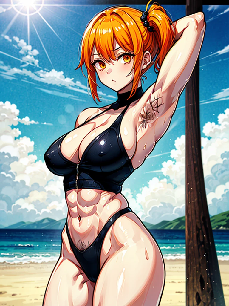 （（（masterpiece、Highest image quality、highest quality、highly detailed unity 8ｋwallpaper）））、（（Illustration of one girl））、（（（beautiful girl）））、（（orange hair、side ponytail、sidelocks：1.4、orange eyes））、（（（stocky build：1.5, thickset physique：1.6, muscular legs, broad shoulders, solid chest：1.5）））、（（（Orange hair、hairy armpits：1.8）））、(armpit hair:1.4)、swimsuit、sandy beach