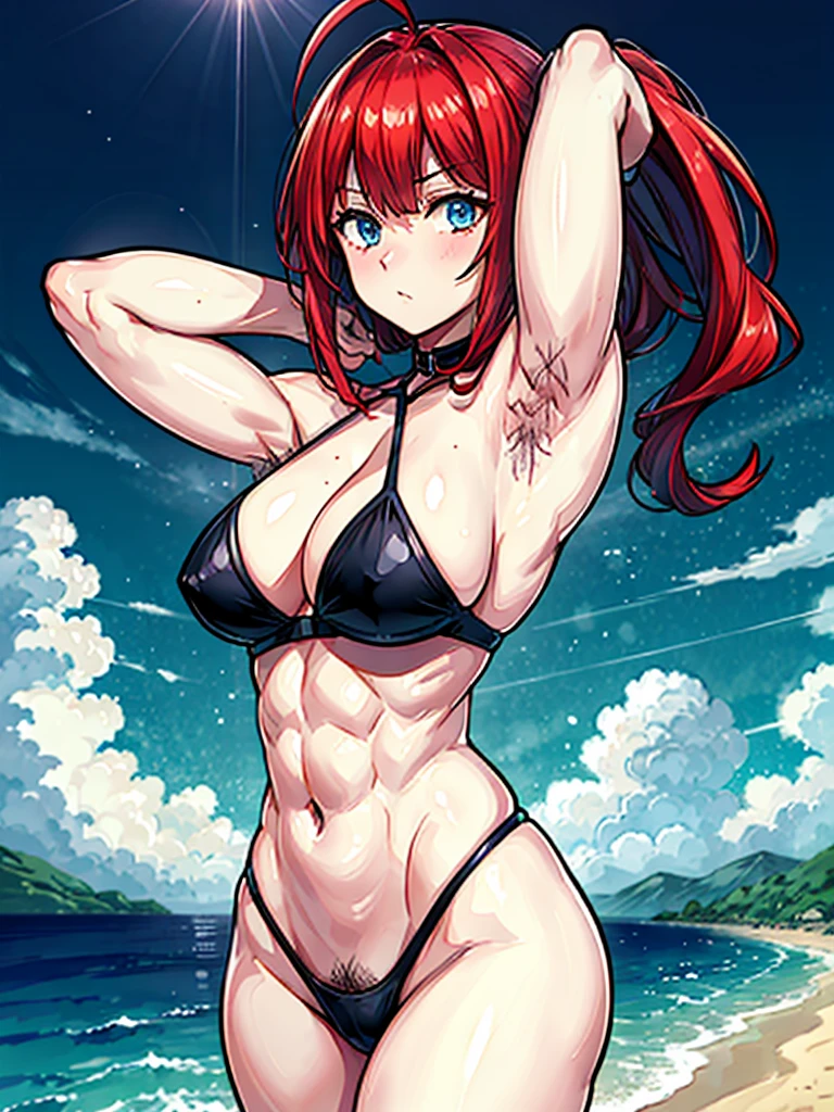 （（（masterpiece、Highest image quality、highest quality、highly detailed unity 8ｋwallpaper）））、（（Illustration of one girl））、（（（beautiful girl）））、（（red hair、Braid、sidelocks：1.2、blue eyes））、（（（stocky build：1.5, thickset physique：1.6, muscular legs, broad shoulders, solid chest：1.5）））、（（（Red hair、hairy armpits：1.4）））、(armpit hair:1.4)、swimsuit、sandy beach