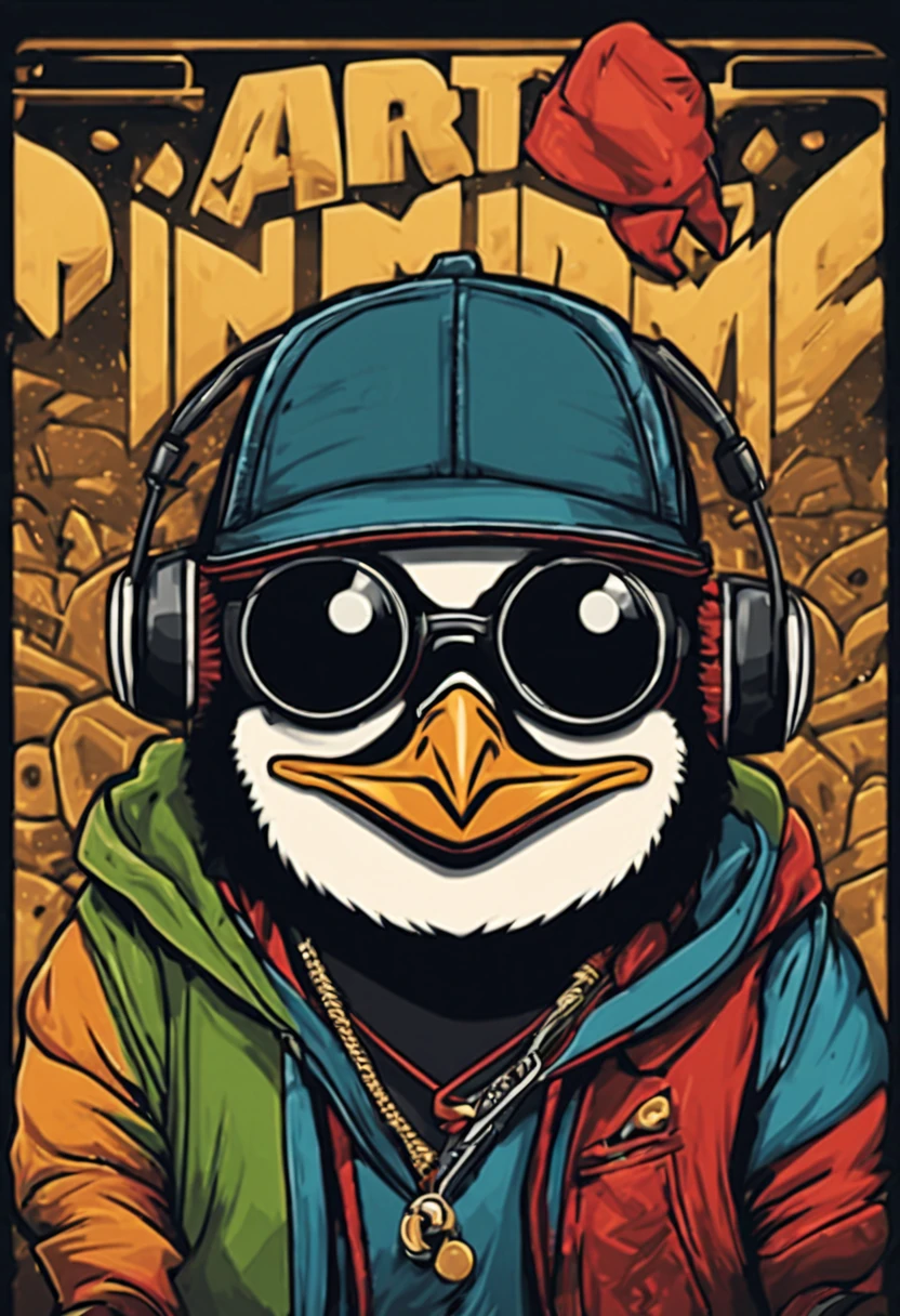 arte da camiseta, 2D, ((fundo preto :1, 5)), vetor, vivid colors, Funny character pinguim personagem COM roupa ESTILO hip hop , melhor qualidade, detalhes intrincados, Realistic details, luz de aro, cinematic shading, Greg Rutkowisk,