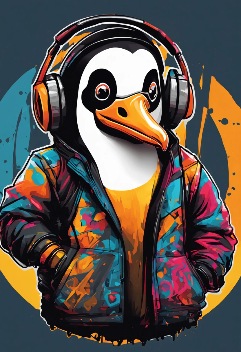 arte da camiseta, 2D, ((fundo preto :1, 5)), vetor, vivid colors, Funny character pinguim personagem COM roupa ESTILO hip hop , melhor qualidade, detalhes intrincados, Realistic details, luz de aro, cinematic shading, Greg Rutkowisk,