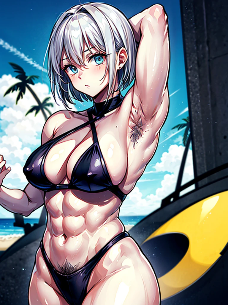 （（（masterpiece、Highest image quality、highest quality、highly detailed unity 8ｋwallpaper）））、（（Illustration of one girl））、（（（beautiful girl）））、（（white hair、short hair、light blue eyes））、（（（stocky build, thickset physique, muscular legs：1.４, broad shoulders, solid chest）））、（（（White hairs、hairy armpits：1.4）））、(armpit hair:1.4)、swimsuit、sandy beach