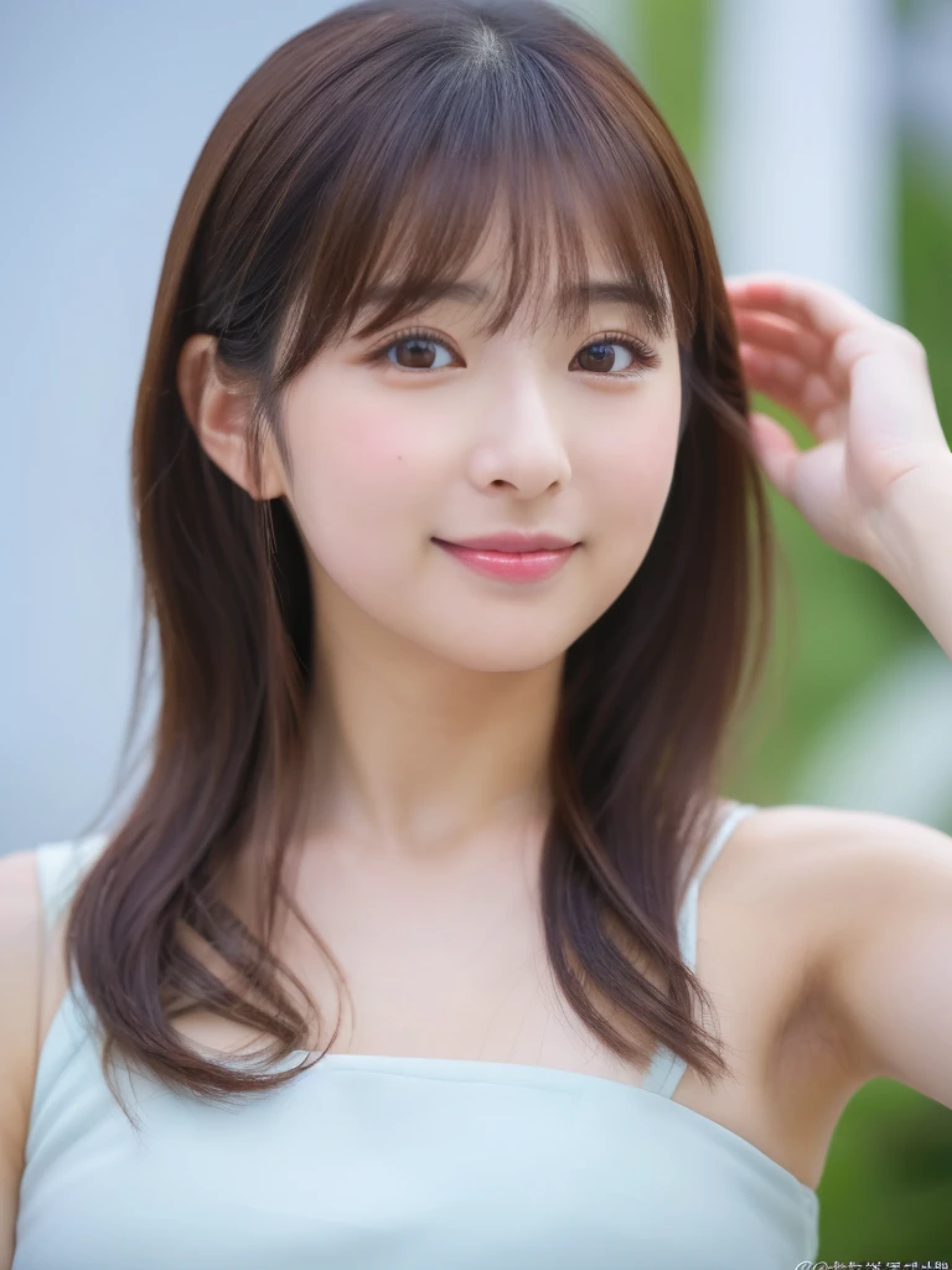 ((cute日本の女の子、beautiful japanese girl、1 girl、clear、19 years old、ponytail、Highly detailed face and skin texture、refinement、super detailed face、highly detailed eyes、Lee Hong、blush、cheek、ピンクのcheekを塗ったcheek、close-up of woman、 from the neck up、 Close to the camera、 positive face、Forward-facing body、look at the camera、front、cute、smooth white skin、Transparent skin texture、))、(dark brown hair、bangs)、beautiful woman with perfect style：1.4、japanese model、young gravure idol、若いcuteグラビアアイドル、Realistic young gravure idol、refinementされたグラビアアイドル、((highest quality、8K、masterpiece:1.3、１photograph))、(4K、RAWphotograph、highest quality)、(realistic、フォトrealistic:1.37)、Place someone on the other side of the screen、Natural light、