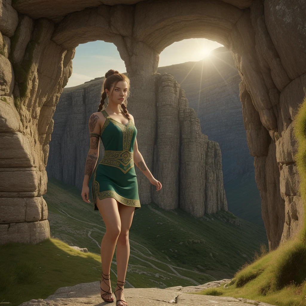 32k, extremely large and refined luminous green eyes, intricate patterns, ultra realistic details, beautiful ancient celtic female warrior, elaborate long braided red hair, hair buns, ornaments in hair, floating, windy, messy hair, celtic pattern dress, tribal tattoos on arms, legs, running, very detailed, difficult, masterpiece, high quality, detailed cores, cliffs of moher, ancient irish castle, lush greenery, shafts of light from sky, breathtaking beauty, pure perfection, divine cinematographic, full body shot,