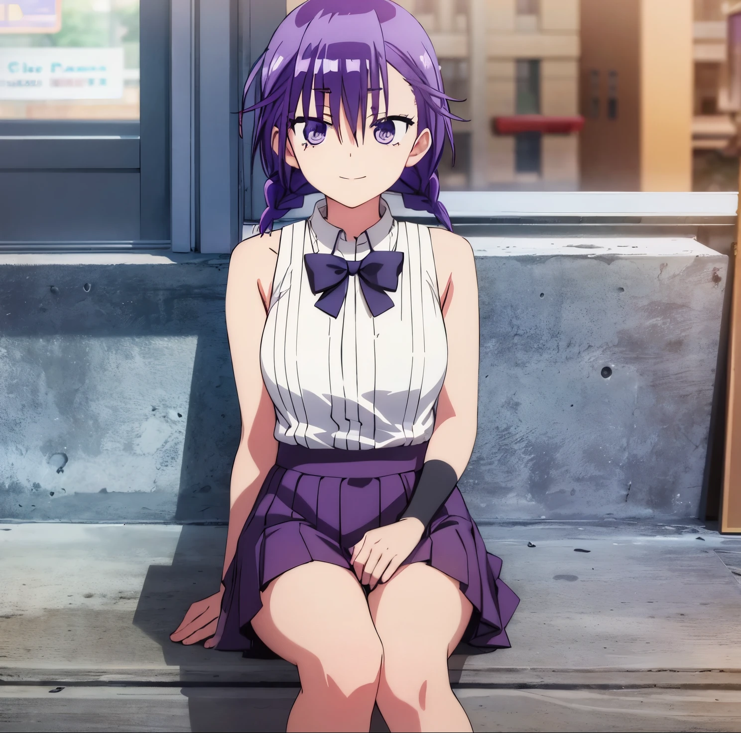 best quality (masterpiece: 1.2), very detailed, outdoors, cafe, 1girl, alone, kominami asumi, (from angle: 1.4), sitting, looking at viewer, mouth closed, smile, purple eyes, purple hair, short hair, partial bangs, purple bow tie, white shirt, sleeveless, purple skirt, long skirt, medium breasts, medium waist, wide hips, medium thighs, smiling, playful look, seductive, good anatomy, good hands