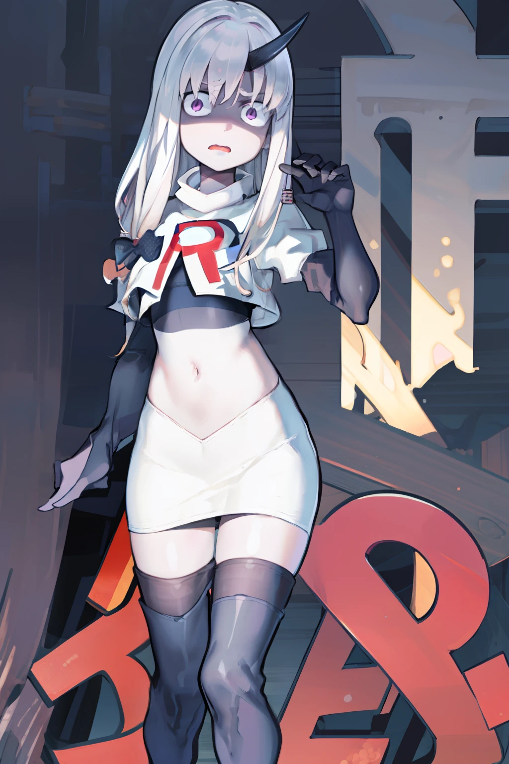 (masterpiece, best quality, detailed), 1girl, solo, wavy mouth, open mouth, looking at viewer, shaded face,
lavinia whateley \(fate\), polka dot bow,  eyebrows hidden by hair, team rocket,team rocket uniform, red letter R, white skirt,white crop top,black thigh-highs, black elbow gloves,