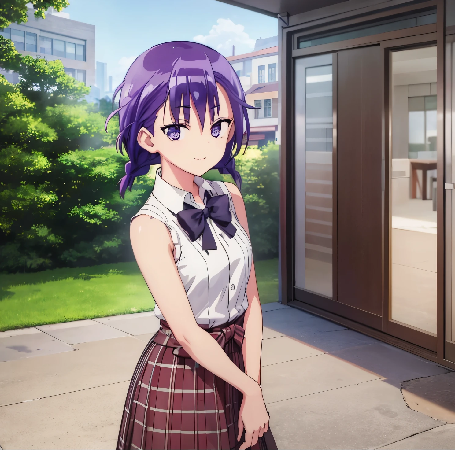 best quality (masterpiece: 1.2), very detailed, outdoors, cafe, 1girl, alone, kominami asumi, (from angle: 1.4), sitting, looking at viewer, mouth closed, smile, purple eyes, purple hair, short hair, partial bangs, purple bow tie, white shirt, sleeveless, purple skirt, long skirt, medium breasts, medium waist, wide hips, medium thighs, smiling, playful look, seductive, good anatomy, good hands