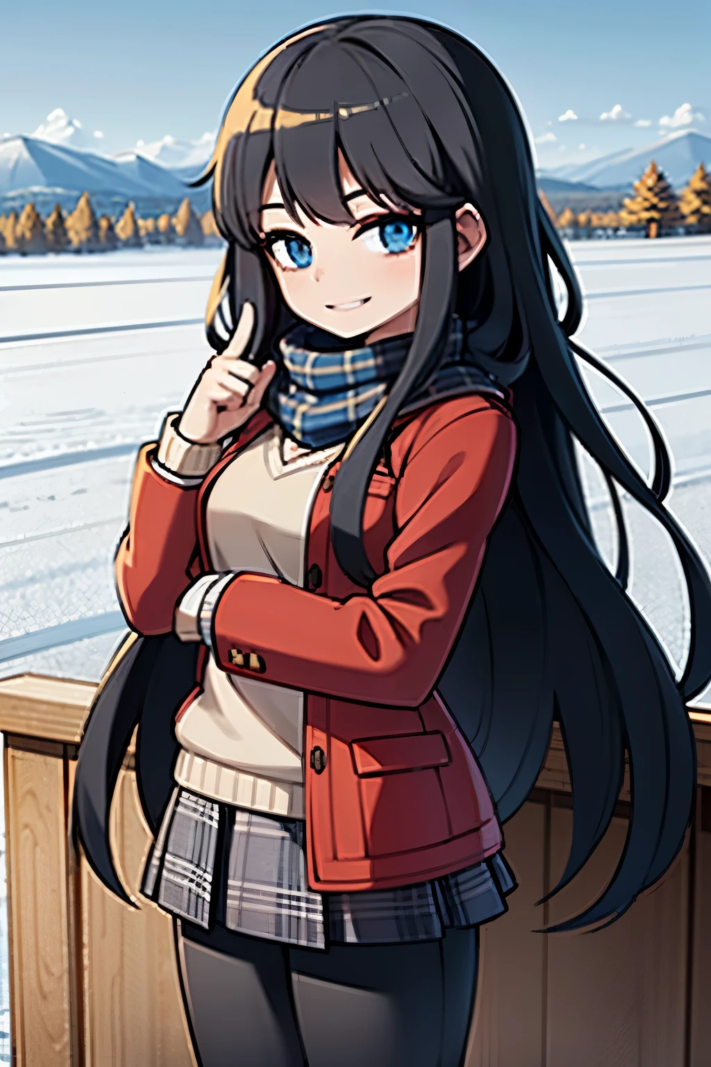 young girl, black hair long hair, blue eyes, shining blue eyes, wearing plaid yellow scarf, red jacket, black pants, looking at viewer, smiling, canada, rural city, thumbs up pose, in the snow, rural city, canada, snowed place,
