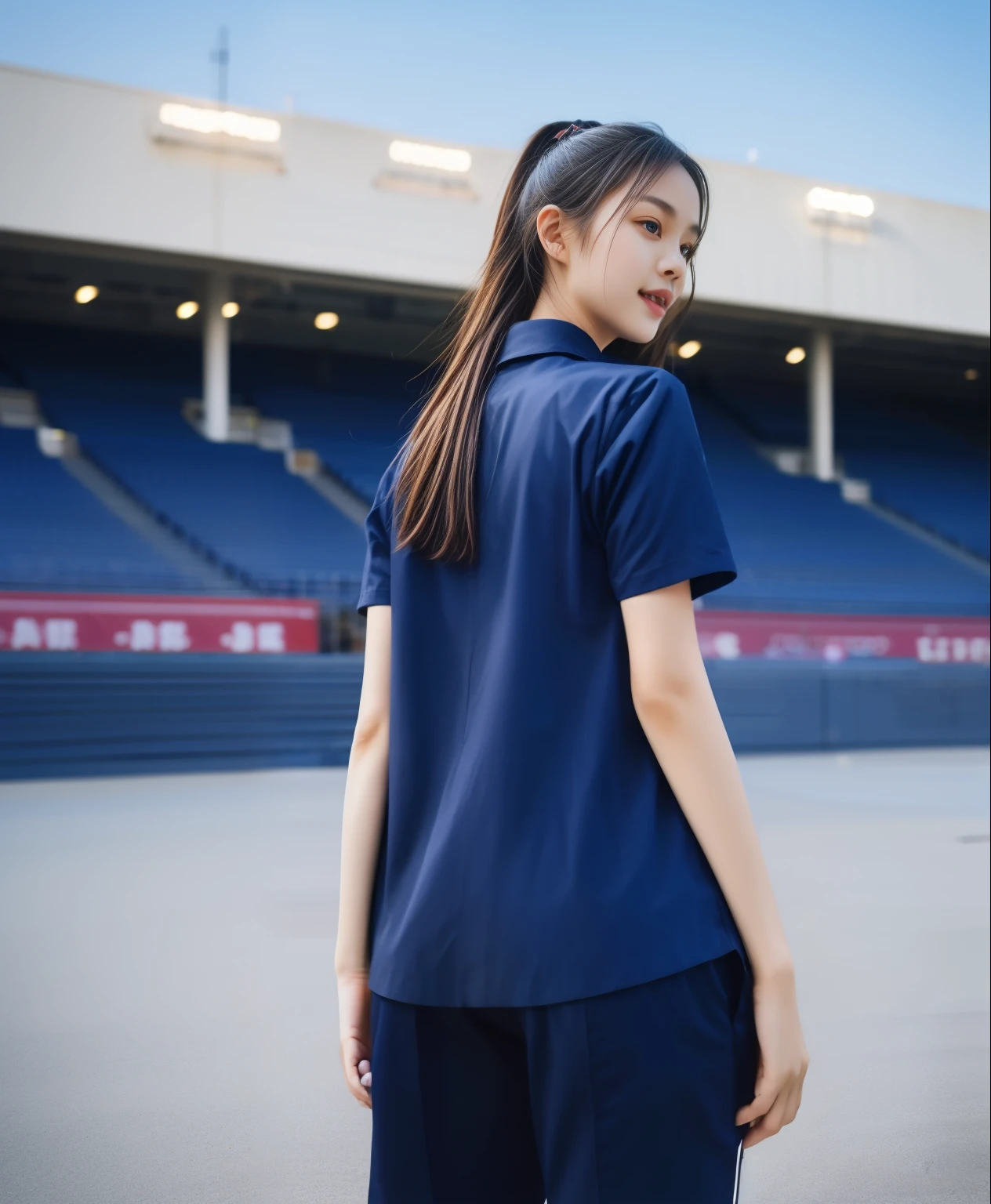 (best quality,10,10,height,Masterpiece:1.2),Very detailed,(realistic,ภาพrealistic,Realistic photos:1.37),1 cute girl on the football field,Shiny, shiny skin,only,smile softly,BDclothelue shirt:1.3)),short sleeve,shirt, กางเกงขาlong.,(navy_long_ติดตามกางเกงขาlong:1.1), ((stadium background:1.3)),Dynamic angle,excited,Face focus,dynamic poses,from behind,Focus on the ass.,Masterpiece, best quality, ultra realistic, hyper detail, 8k resolution, raw photos, Sharp focus, ((Navy blue shirt:1.1)), short sleeve, เส้นทางlong, perfect bodyแบบ, 2 mature women, 18 years old, Cinema-grade lighting,กางเกงขาlongวอร์มสีน้ําเงิน,gym wear,correct anatomy,perfect body, correct body, Sharp face, correct bodyทางกายวิภาค, full body, realistic gestures, long-haired, realistic ช่วงขาlong,fit,sculpted girl, Slender figure, mannequin, fit, beautiful body,Blue sweatpants, กางเกงวอร์มขาlong