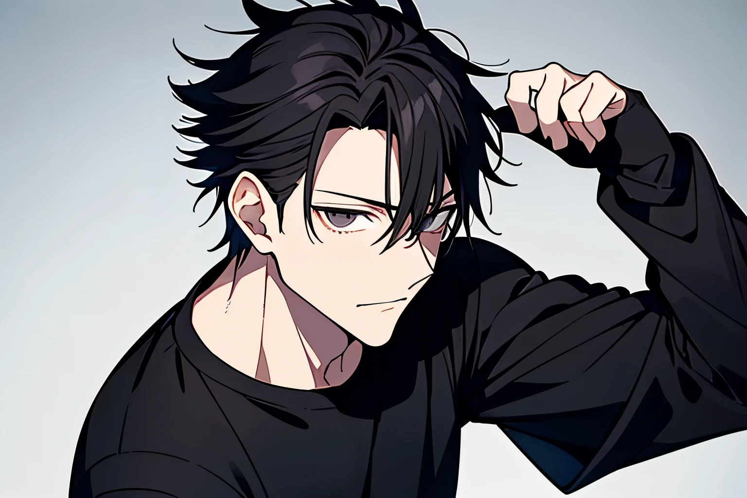 A young man with messy black hair and grey eye's, wearing a grey short-sleeved shirt and black pants with ((black glove's)), Suguru Geto, Jujutsu Kaisen masterpiece, best quality, ((character concept)), solo,