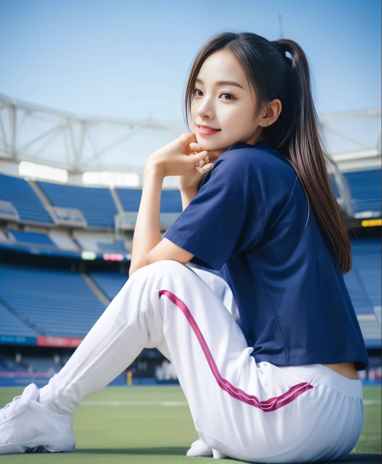(best quality,10,10,height,Masterpiece:1.2),Very detailed,(realistic,ภาพrealistic,Realistic photos:1.37),1 cute girl on the football field,Shiny, shiny skin,only,smile softly,BDclothelue shirt:1.3)),short sleeve,shirt, กางเกงขาlong.,(navy_long_ติดตามกางเกงขาlong:1.1), ((stadium background:1.3)),Dynamic angle,excited,Face focus,dynamic poses,from behind,Focus on the ass.,Masterpiece, best quality, ultra realistic, hyper detail, 8k resolution, raw photos, Sharp focus, ((Navy blue shirt:1.1)), short sleeve, เส้นทางlong, perfect bodyแบบ, 2 mature women, 18 years old, Cinema-grade lighting,กางเกงขาlongวอร์มสีน้ําเงิน,gym wear,correct anatomy,perfect body, correct body, Sharp face, correct bodyทางกายวิภาค, full body, realistic gestures, long-haired, realistic ช่วงขาlong,fit,sculpted girl, Slender figure, mannequin, fit, beautiful body,Blue sweatpants, กางเกงวอร์มขาlong