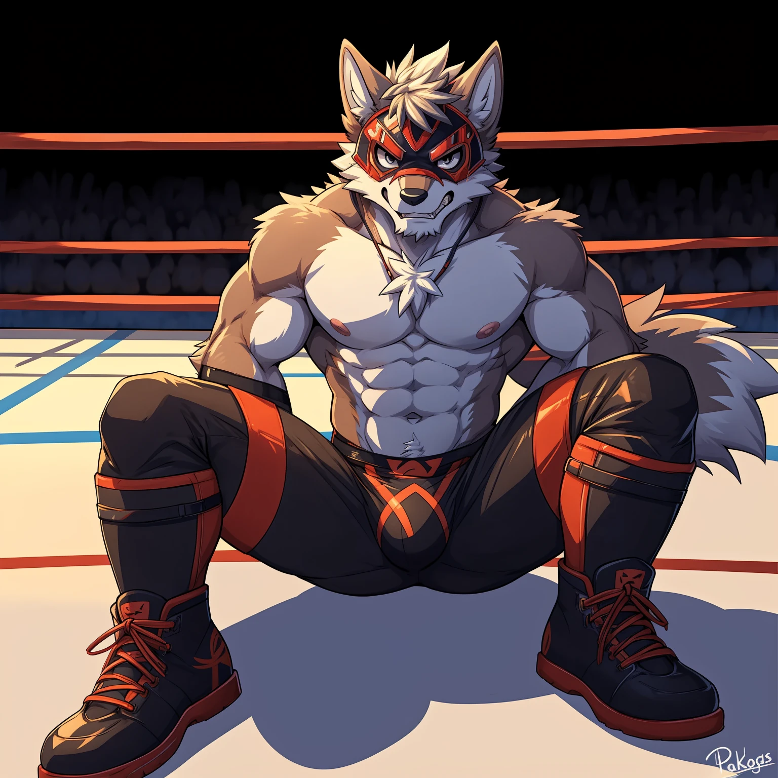 from above, high angle view, glistening, glistening body, shiny, glistening fur, mammal, canine, canid, canis, wolf, solo, anthro, male, nipples, navel, athletic, abs, pecs, (wrestler, wrestler outfit, wrestler gloves, wrestler boots, (wrestler mask)), sitting on wrestling arena, hands behind back, arms behind back, spreading, spread legs, angry, clenched teeth, blush, submissive, submissive male, mane, beard, old, aged up, mature, mature male, full body, bulge, black eyes, looking at viewer, hi res, by pache riggs, by takemoto arashi, by vallhund, anime, anime style, digital flat colors, sharp shadows, shaded, male focus, extreme detailed illustration, good anatomy, detailed RPG CG, masterpiece, best quality, detailed background,