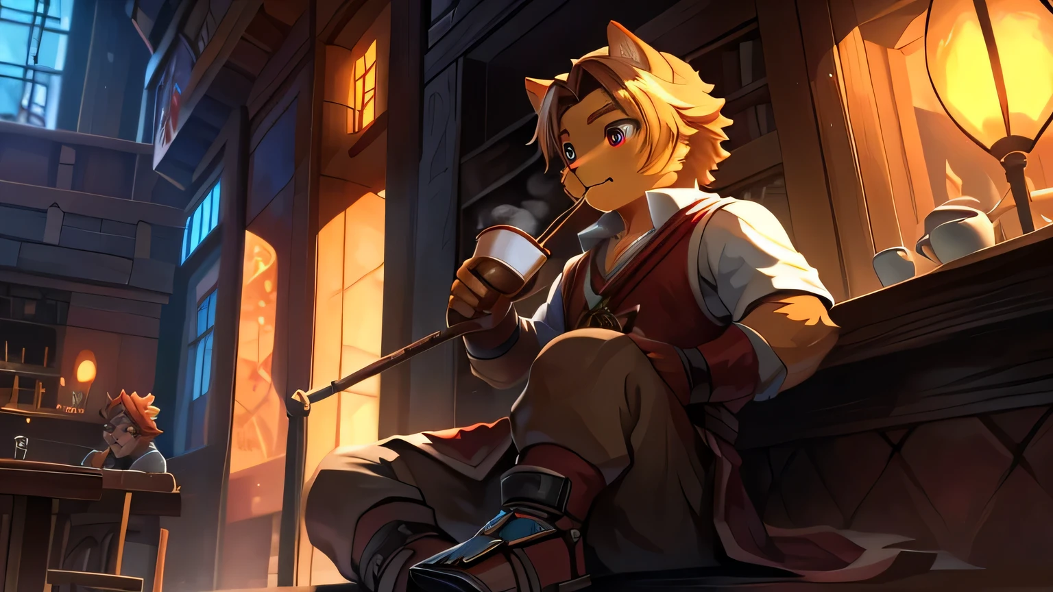 top quality, best quality, High quality illustrations, masterpiece, ultra high resolution, Detailed background, Detailed background, coffee店, drink, eat, coffee, staff, 6+boys, ridiculous(Very detailed beautiful face and eyes)perfect anatomy, Express, good lighting, movie shadows(Kanno, furry human),(Serving),(be his warrior),staff