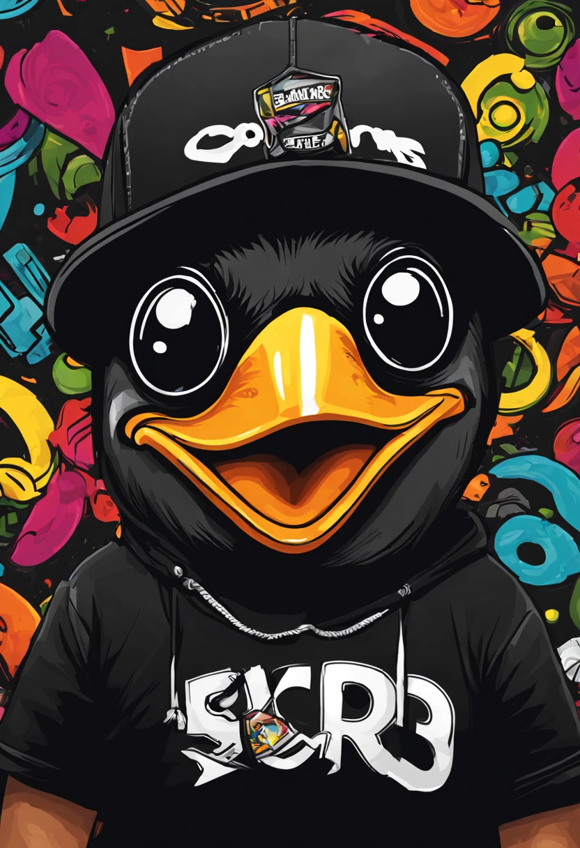 arte da camiseta, 2D, ((fundo preto :1, 5)), vetor, vivid colors, Funny character pinguim personagem COM roupa ESTILO hip hop , melhor qualidade, detalhes intrincados, Realistic details, luz de aro, cinematic shading, Greg Rutkowisk,