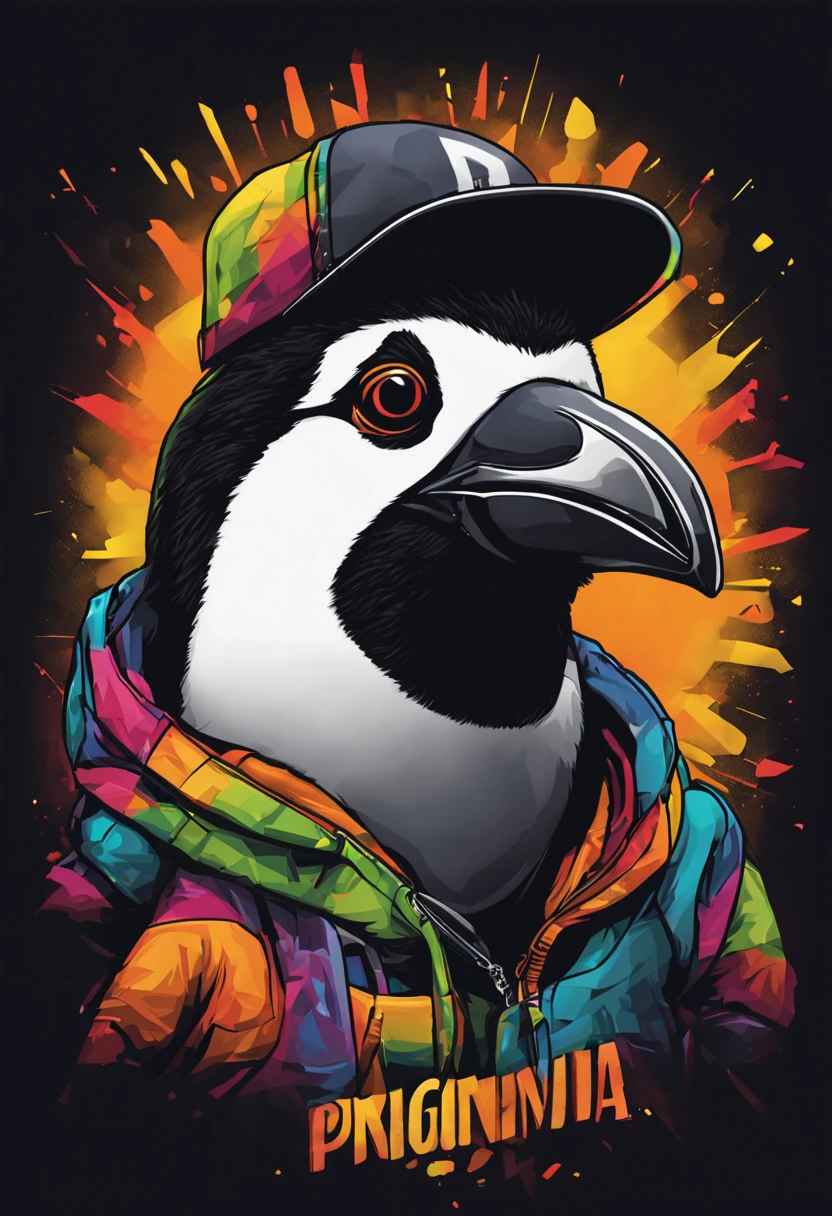 arte da camiseta, 2D, ((fundo preto :1, 5)), vetor, vivid colors, Funny character pinguim personagem COM roupa ESTILO hip hop , melhor qualidade, detalhes intrincados, Realistic details, luz de aro, cinematic shading, Greg Rutkowisk,