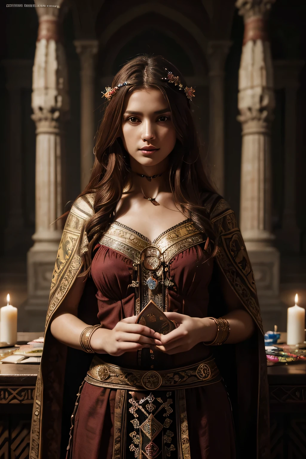 linda cigana fotorrealista, holding tarot cards, messy brown hair, mendigo, corpo todo, capa, hiper-detalhado, luminismo, Bar lighting, complexo, Roupas gregas antigas, messy brown old clothes, 4k resolution concept photo, Octane rendering, intrinsically detailed, filme, Arts season trend | isometric | Amazing hyper-realistic cover photo, colorida, escuro e centrado, muito realista. 12k, HDR hiper-realista. by isur aquarela. Ruivo. Delicado. Florido. Por SonAra ♥, aquarela, trends on artstation, sharp focus, studio photo, detalhes intrincados, altamente detalhado, por Greg Rutkowski