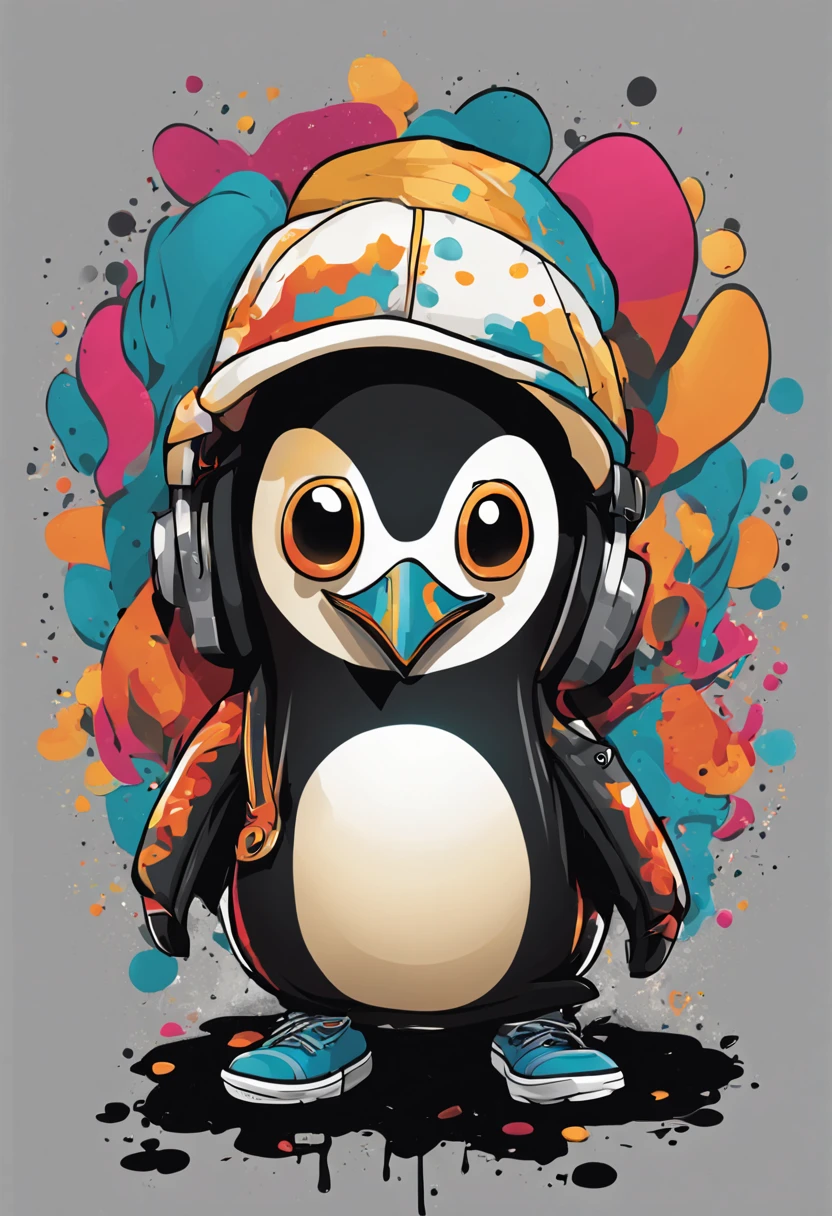 arte da camiseta, 2D, ((fundo preto :1, 5)), vetor, vivid colors, Funny character pinguim personagem COM roupa ESTILO hip hop , melhor qualidade, detalhes intrincados, Realistic details, luz de aro, cinematic shading, Greg Rutkowisk,