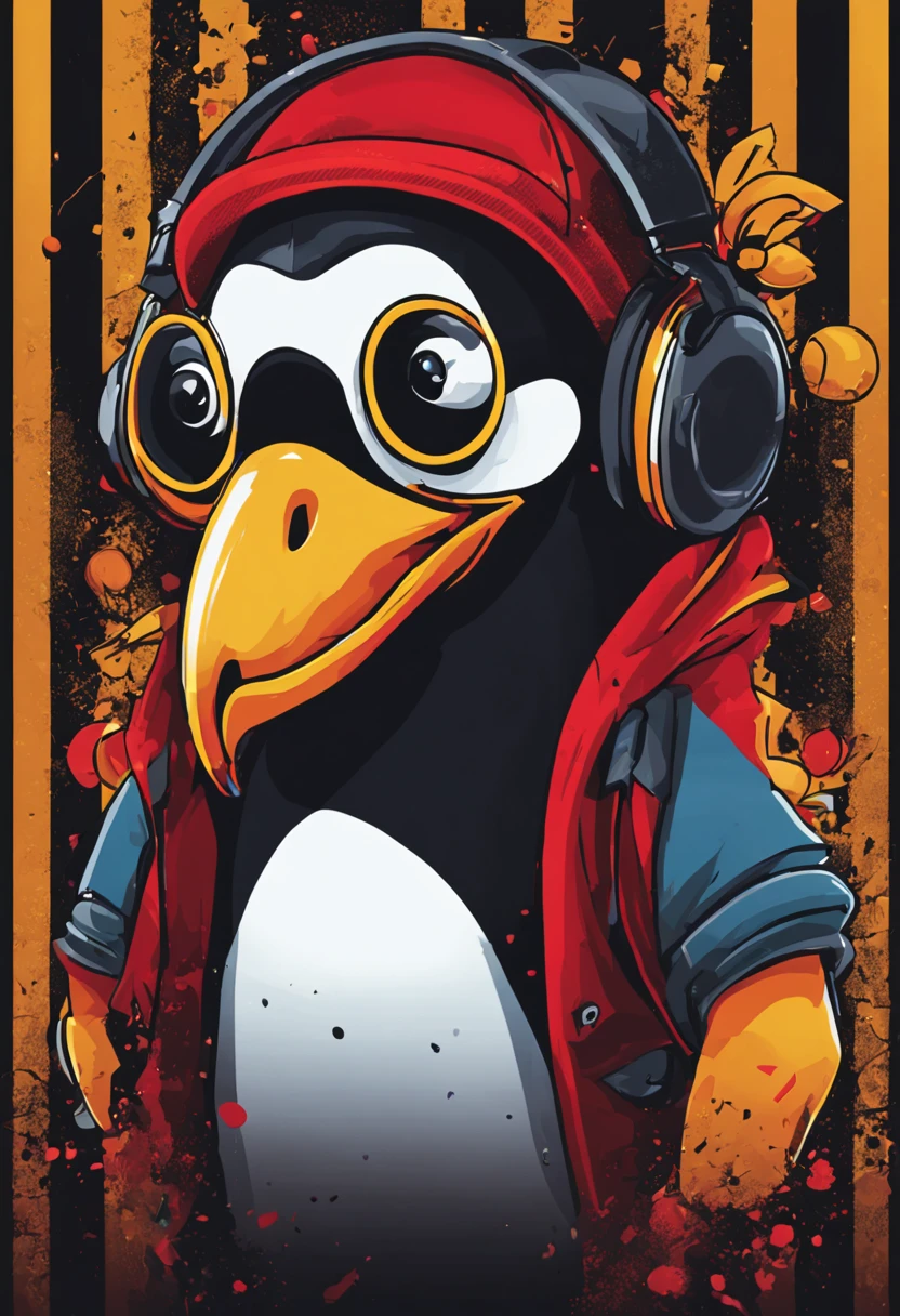 arte da camiseta, 2D, ((fundo preto :1, 5)), vetor, vivid colors, Funny character pinguim personagem COM roupa ESTILO hip hop , melhor qualidade, detalhes intrincados, Realistic details, luz de aro, cinematic shading, Greg Rutkowisk,