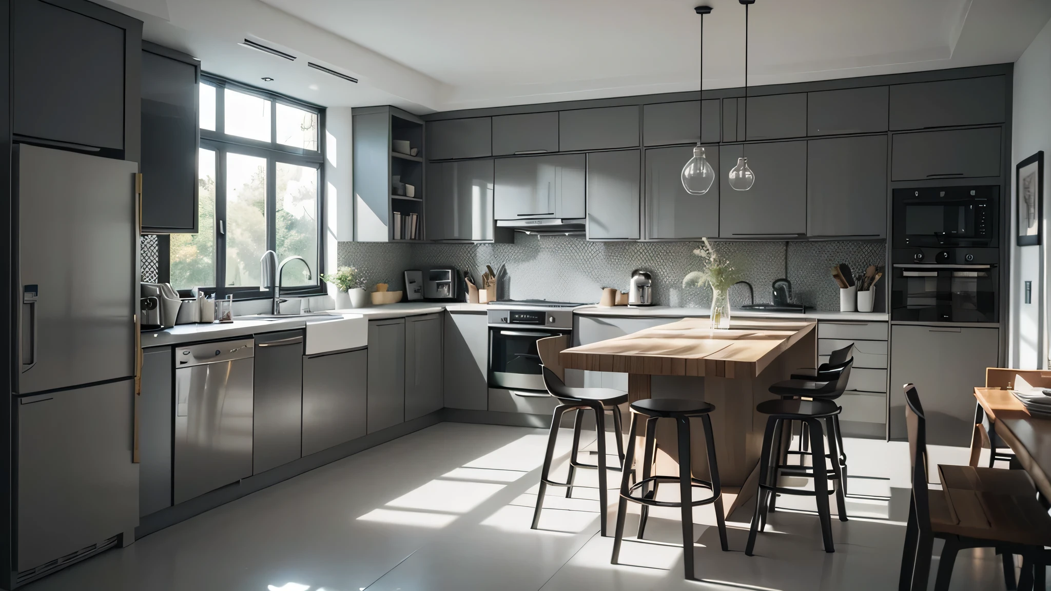 there a kitchen with a table and stools in it, a 3D render inspired by Viktor de Jeney, trending on cg society, bauhaus, minimal kitchen, archviz, photographic render, professional render, highly photographic render, rendered in corona, high quality 3 d render, high quality 3d render, high quality rendering, flat grey color