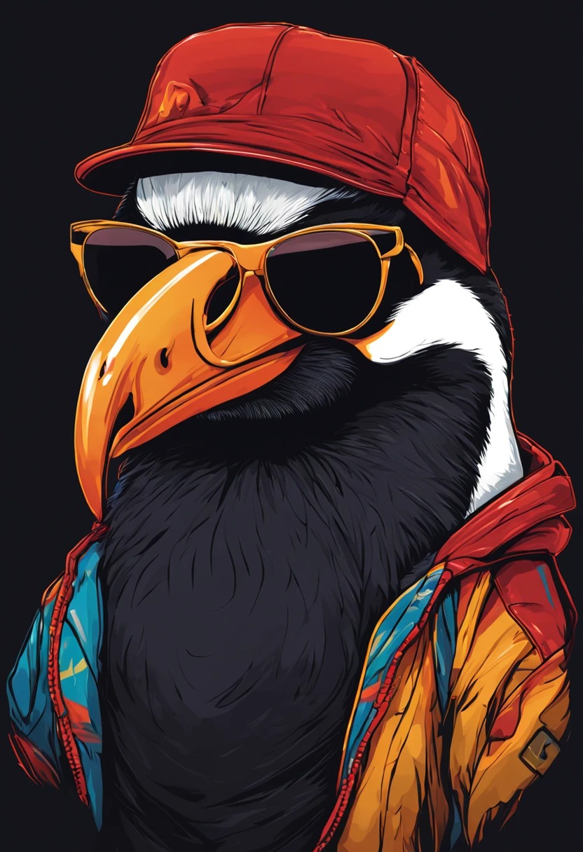 arte da camiseta, 2D, ((fundo preto :1, 5)), vetor, vivid colors, Funny character pinguim personagem COM roupa ESTILO hip hop , melhor qualidade, detalhes intrincados, Realistic details, luz de aro, cinematic shading, Greg Rutkowisk,