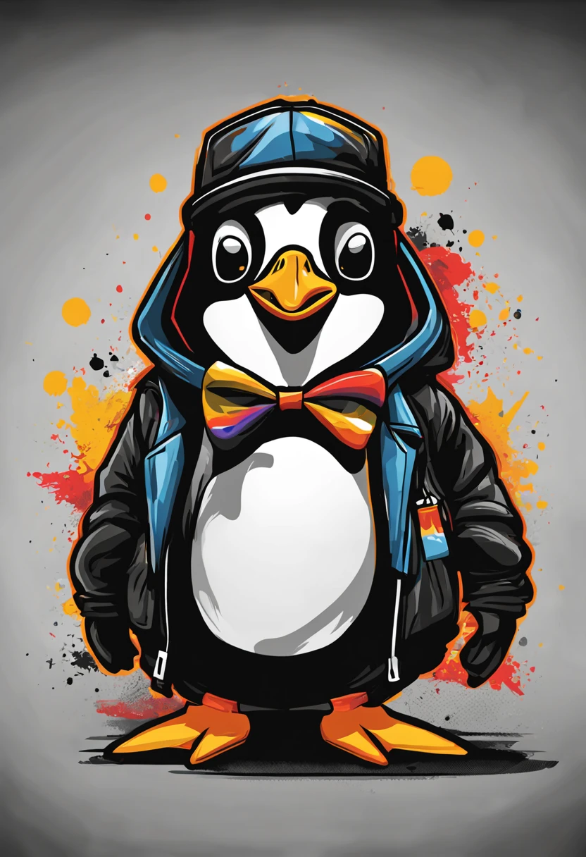 arte da camiseta, 2D, ((fundo preto :1, 5)), vetor, vivid colors, Funny character pinguim personagem COM roupa ESTILO hip hop , melhor qualidade, detalhes intrincados, Realistic details, luz de aro, cinematic shading, Greg Rutkowisk,