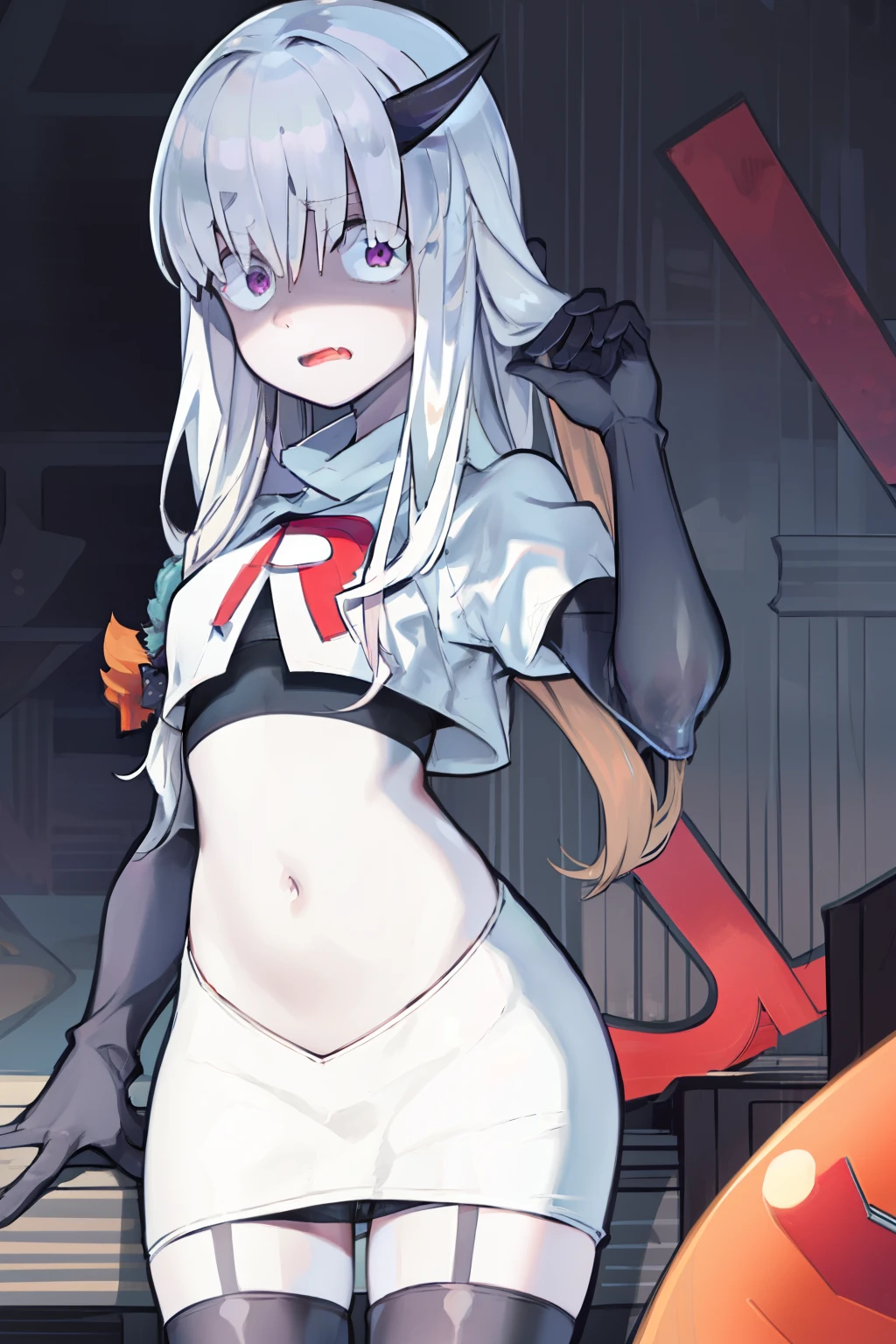 (masterpiece, best quality, detailed), 1girl, solo, wavy mouth, open mouth, looking at viewer, shaded face,
lavinia whateley \(fate\), polka dot bow,  eyebrows hidden by hair, team rocket,team rocket uniform, red letter R, white skirt,white crop top,black thigh-highs, black elbow gloves,