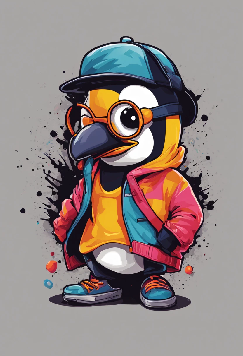 arte da camiseta, 2D, ((fundo preto :1, 5)), vetor, vivid colors, Funny character pinguim personagem COM roupa ESTILO hip hop , melhor qualidade, detalhes intrincados, Realistic details, luz de aro, cinematic shading, Greg Rutkowisk,