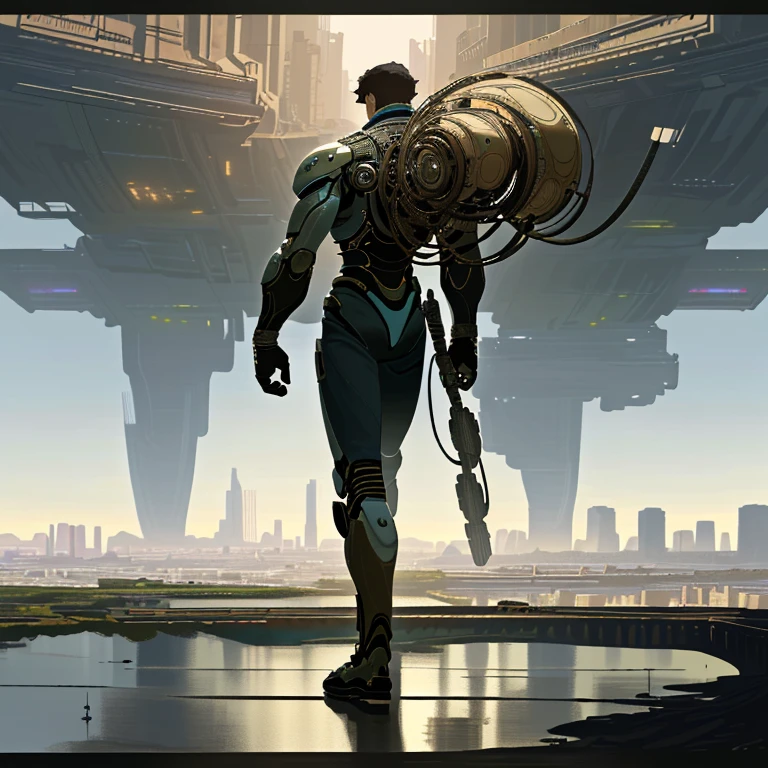 (8k unit wallpaper CG extremely detailed, masterpiece, best quality, ultra-detailed), (((solo)))), ((extremely wide shot:1.15)), a man on a bridge looking at a scifi city in the distance in the background, ((back view)), ((full body)), (high detail), (intricate details), intricate, magnificent scene, detailed environment, highly detailed environment, illustrator, (masterpiece).