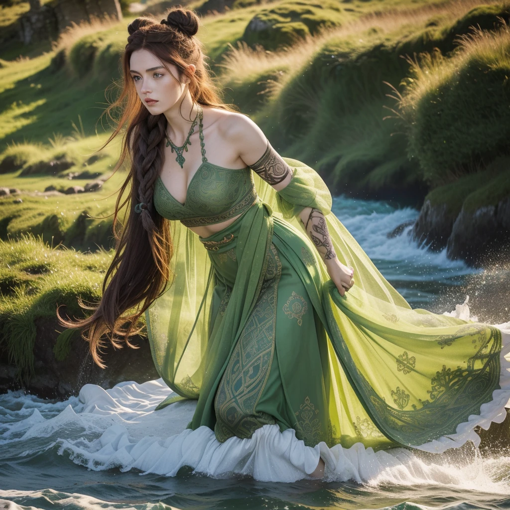 32k, extremely large and refined luminous green eyes, intricate patterns, ultra realistic details, beautiful ancient irish celtic female warrior, elaborate long braided red hair, hair buns, ornaments in hair, floating, windy, messy hair, celtic pattern dress, tribal tattoos on arms, legs, very detailed, difficult, masterpiece, high quality, detailed cores, cliffs of moher, ancient irish castle, lush greenery, shafts of light from sky, breathtaking beauty, pure perfection, divine cinematographic, full body shot, rough seas, large ocean waves,